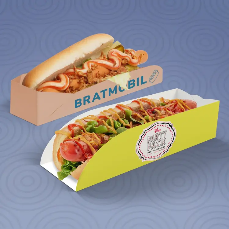 Two hot dogs in packaging: one labeled "BRATMOBIL" on the left and another in yellow labeled "Party Pack" on the right.