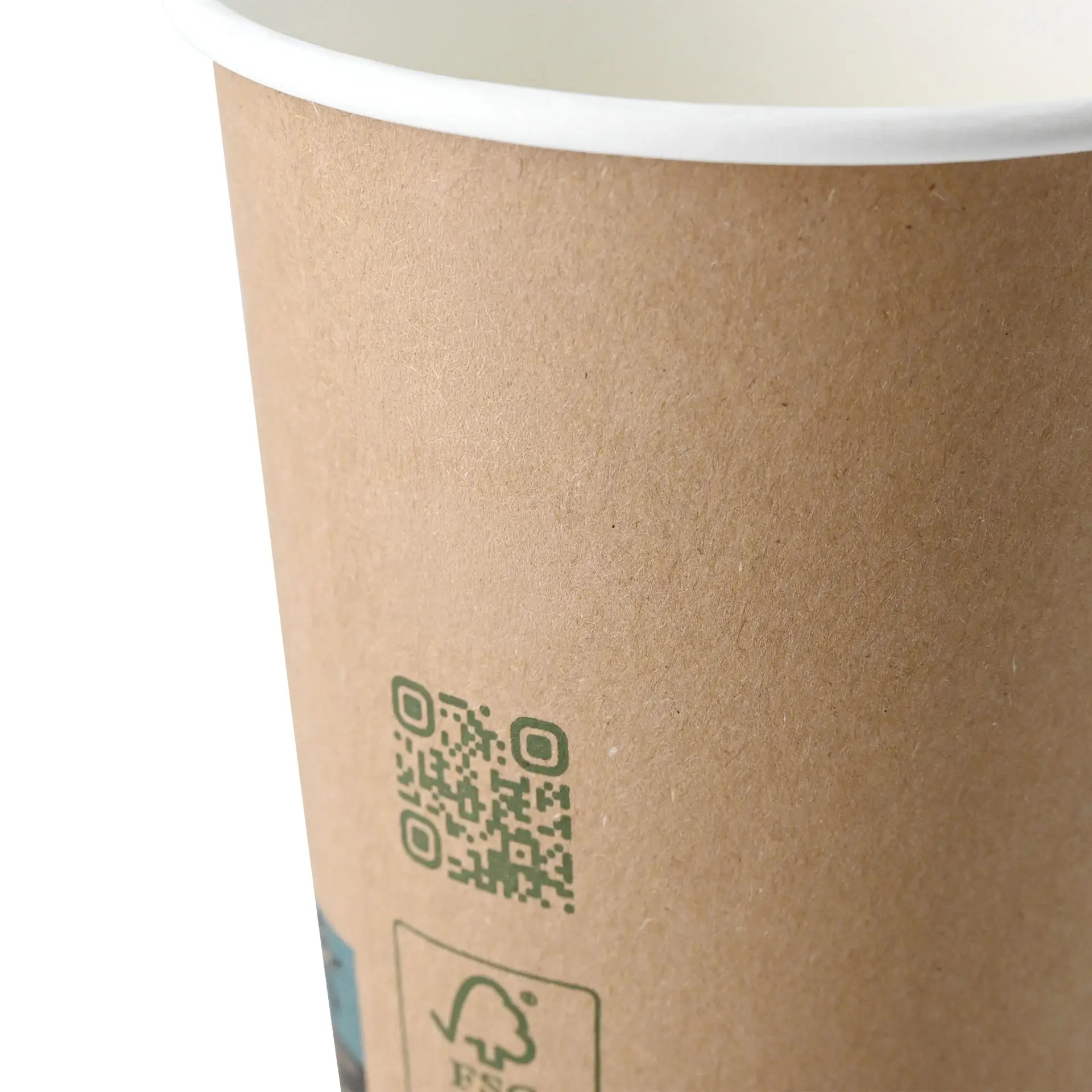 Brown double-wall coffee cup with white inside; features printed green text and a QR code for material information.