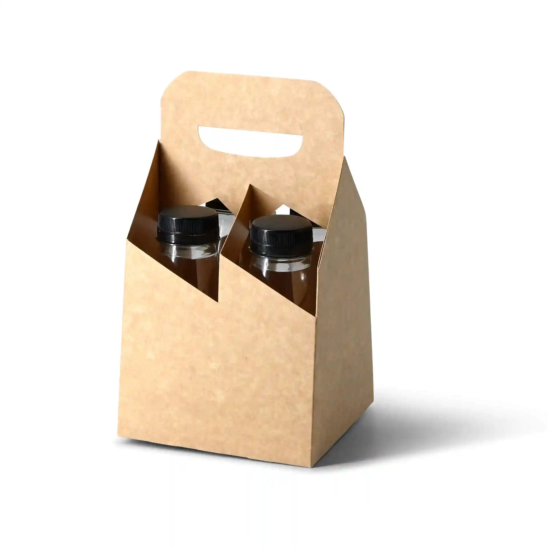 Carrier box holding two clear rPET bottles with black lids, designed for 250 ml contents.