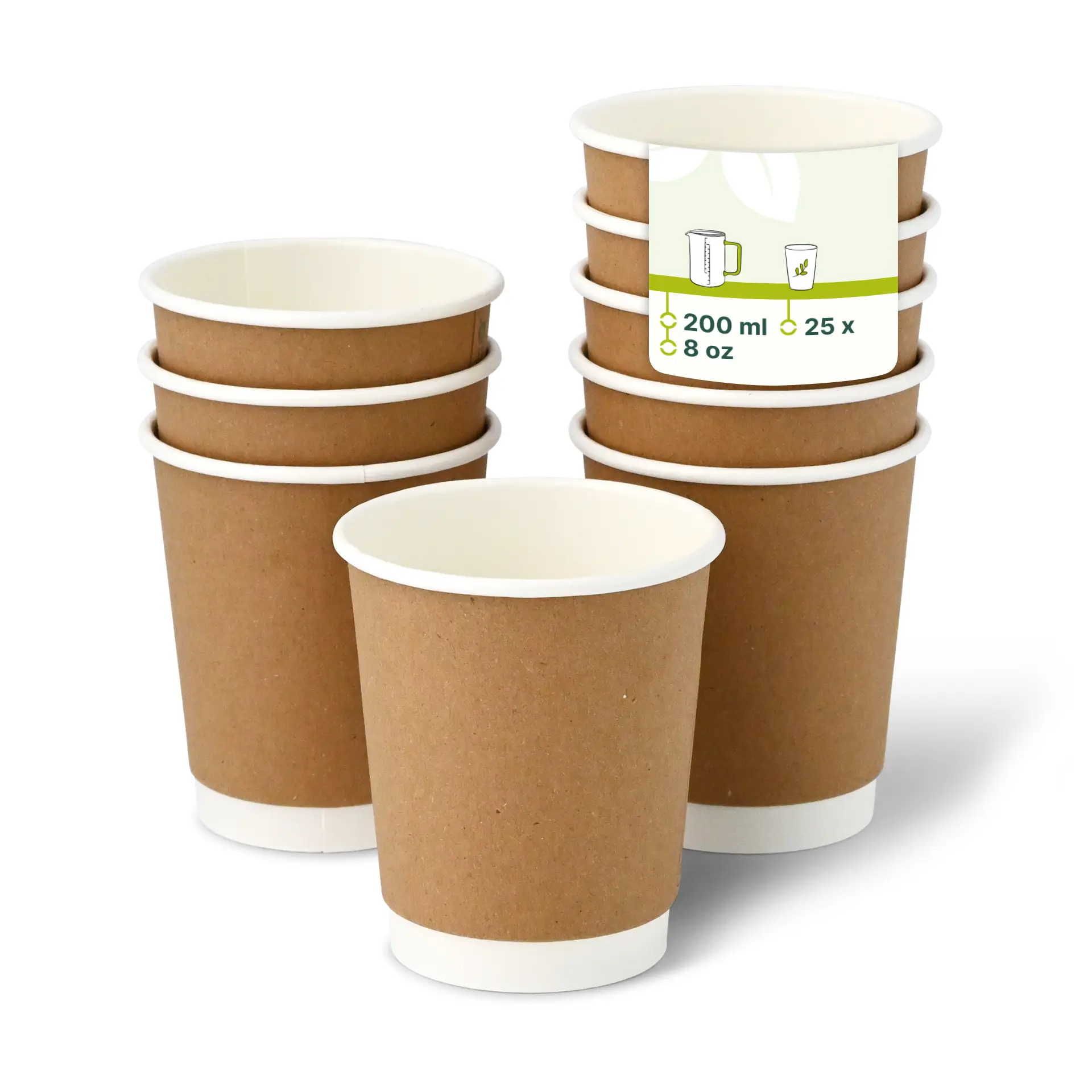 Stack of brown double-walled cardboard coffee cups with white inner lining, one cup in front, showing a label with markings.