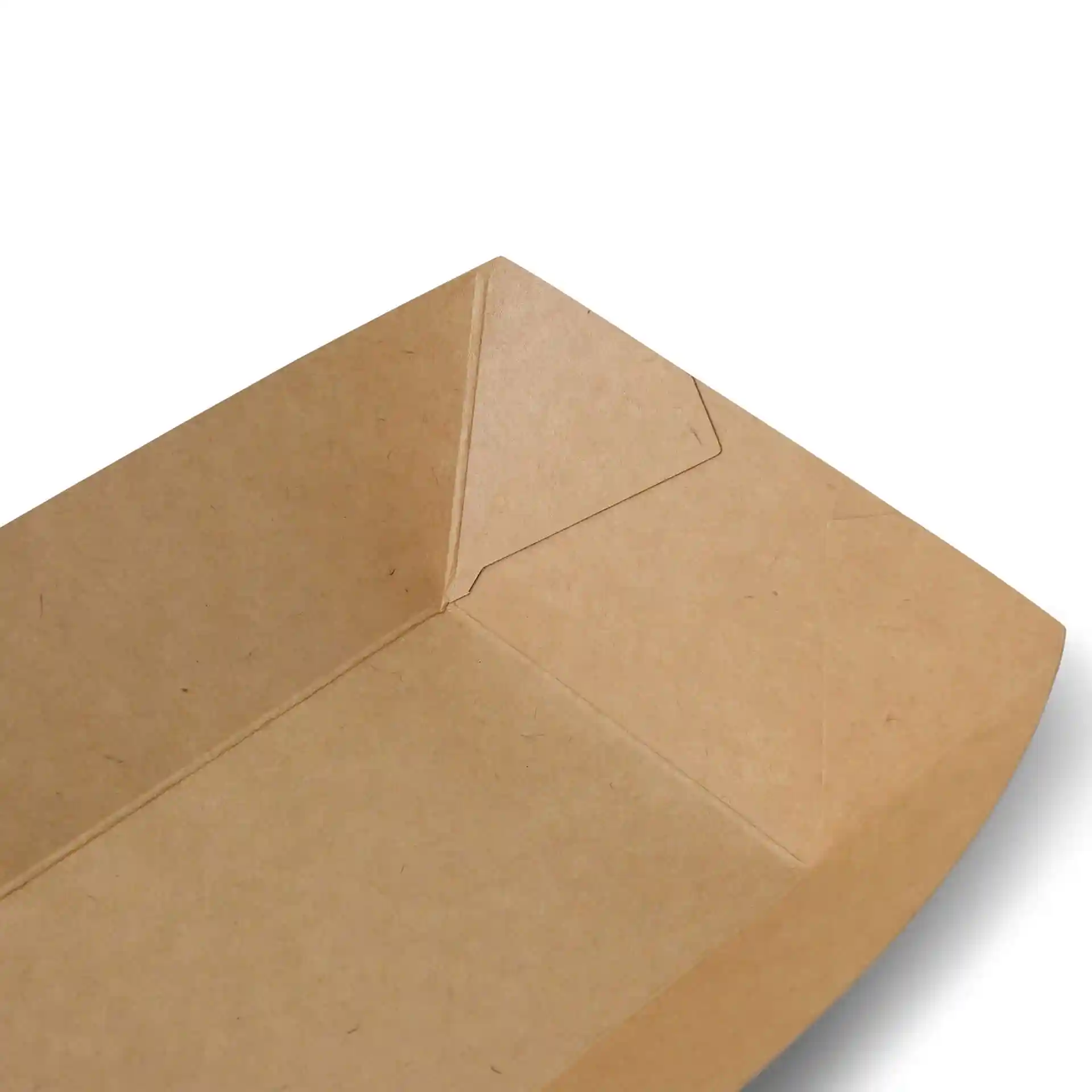 Close-up of a brown cardboard snack bowl with a rectangular shape and visible corner folds.