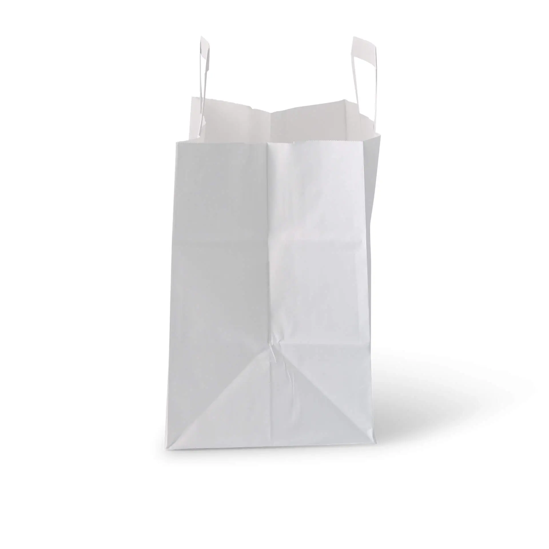 White kraft paper carrier bag, size L (26 x 17 x 25 cm), designed for light groceries and take-away snacks.