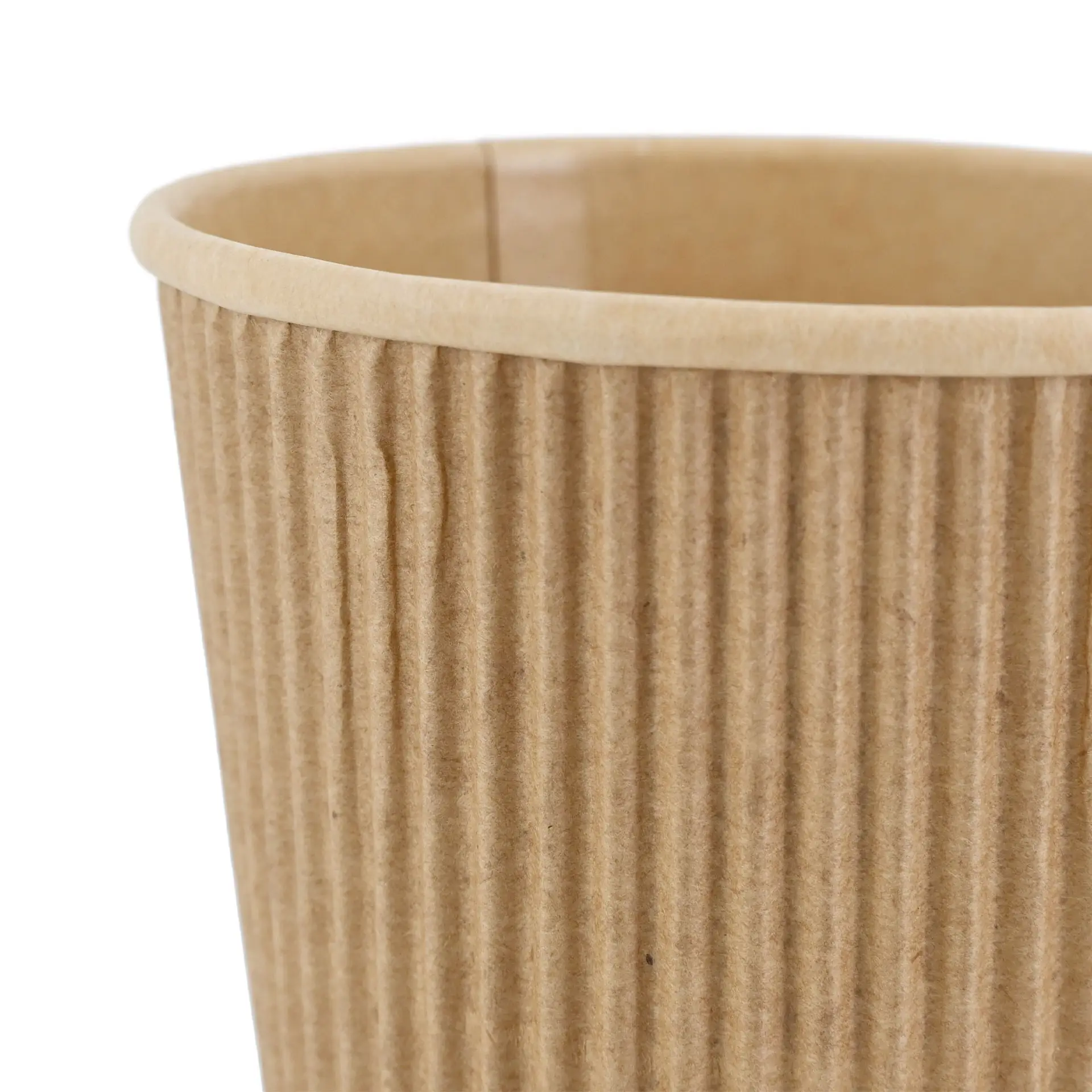 Brown ribbed disposable coffee cup, 10 oz size, with an insulated triple-wall design and PLA inner coating.