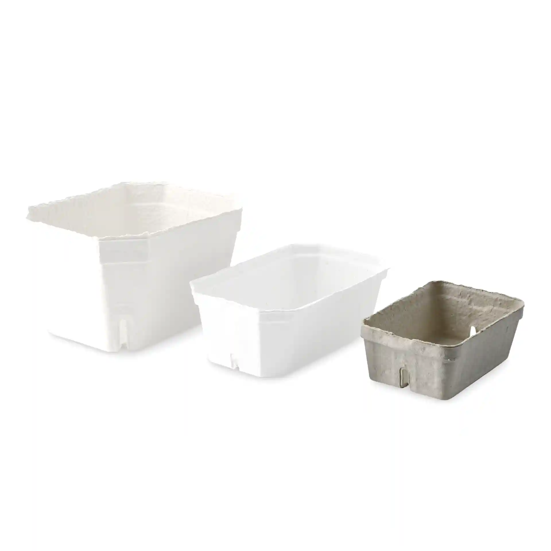 Three wood pulp berry punnets in white and grey, varying in size, on a plain background.