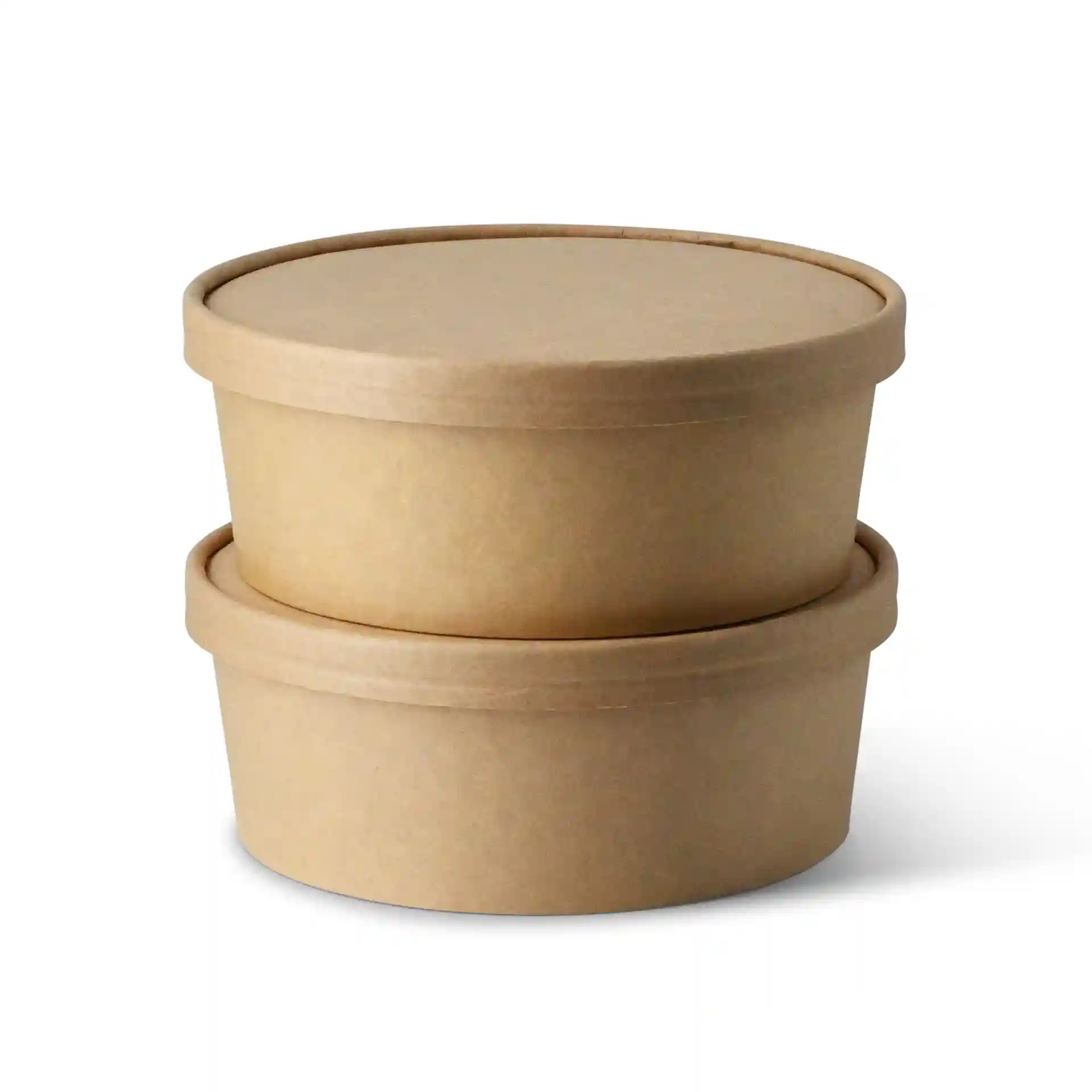 Two round brown cardboard containers with matching lids stacked on top of each other.