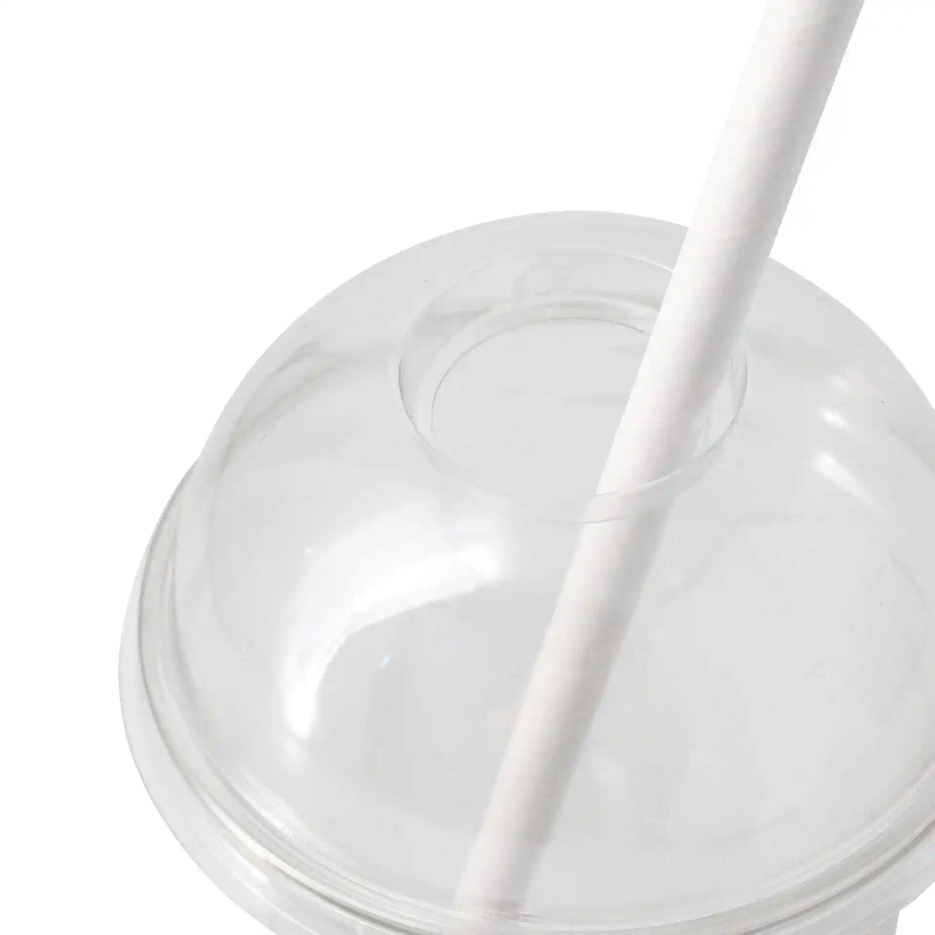 Transparent rPET dome lid with a straw hole, measuring 95 mm in diameter and 38 mm in height.