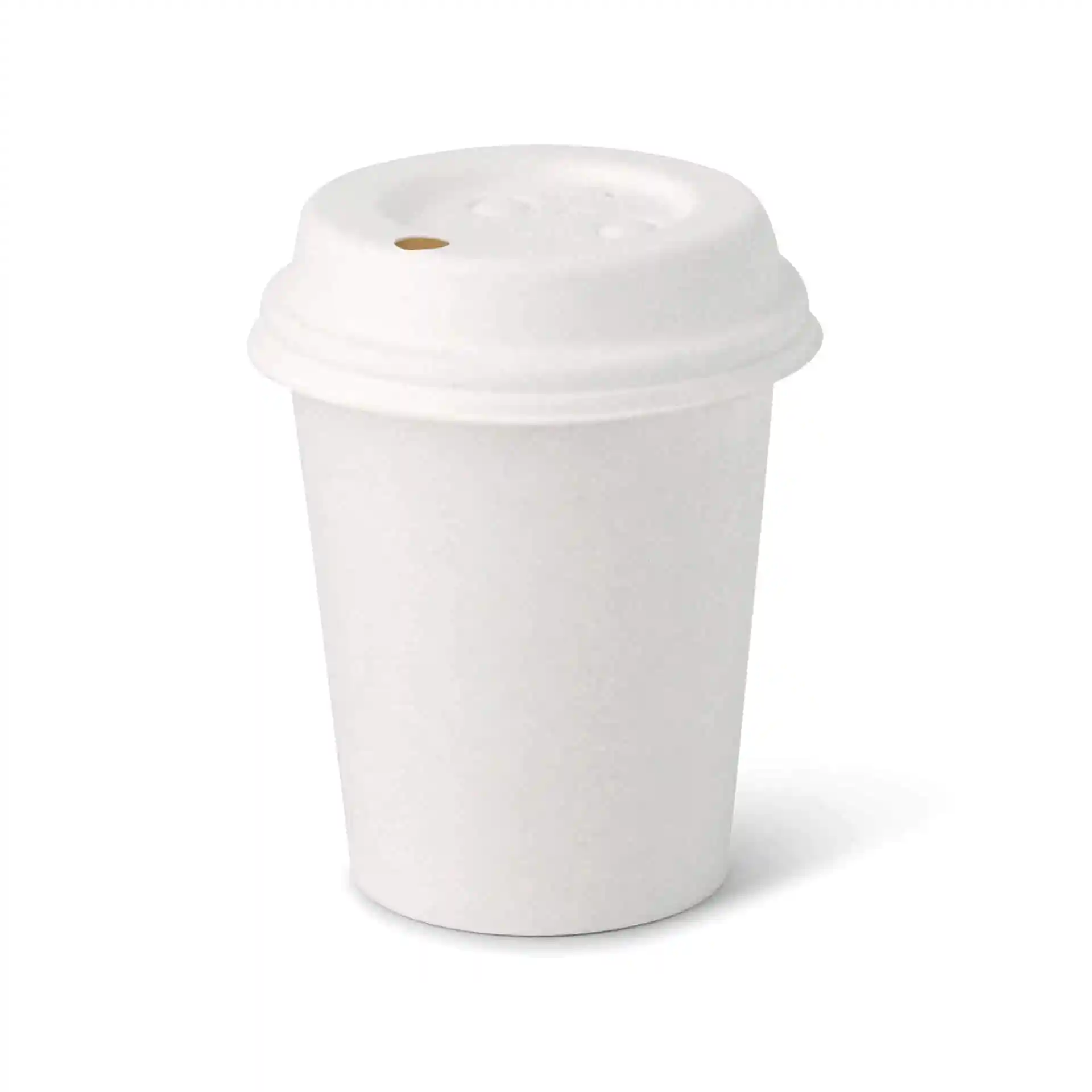 White 8 oz paper cup with a round shape and a coated surface, featuring a lid with a small opening.