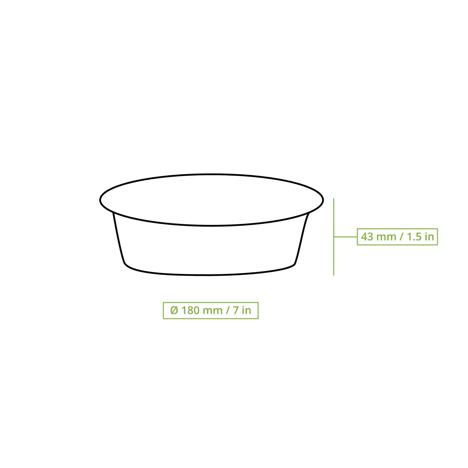 Schematic drawing of a round aluminium container with a diameter of 180 mm and height of 43 mm.