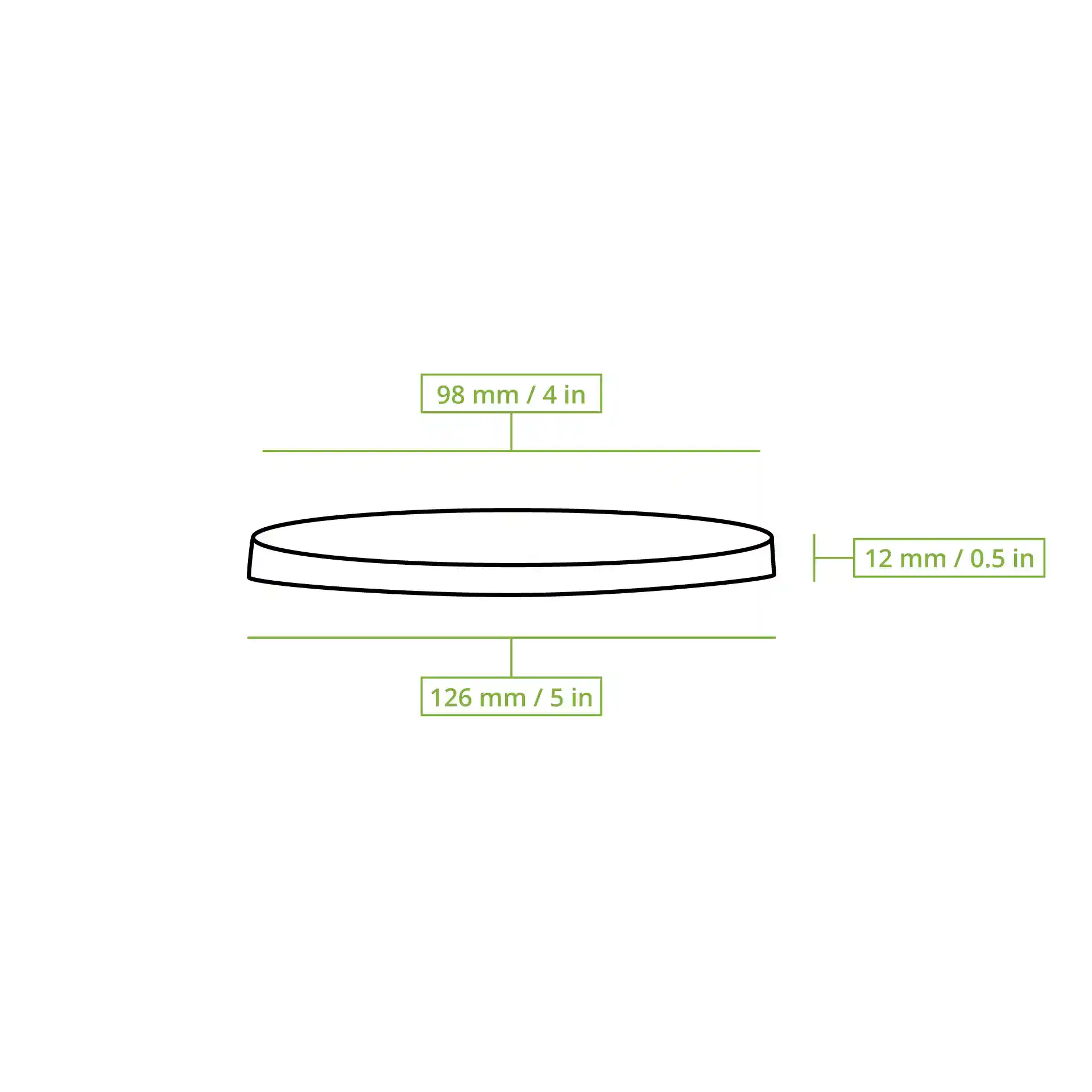 Schematic drawing of a round rPET lid with dimensions: top diameter 98 mm, bottom diameter 126 mm, height 12 mm.