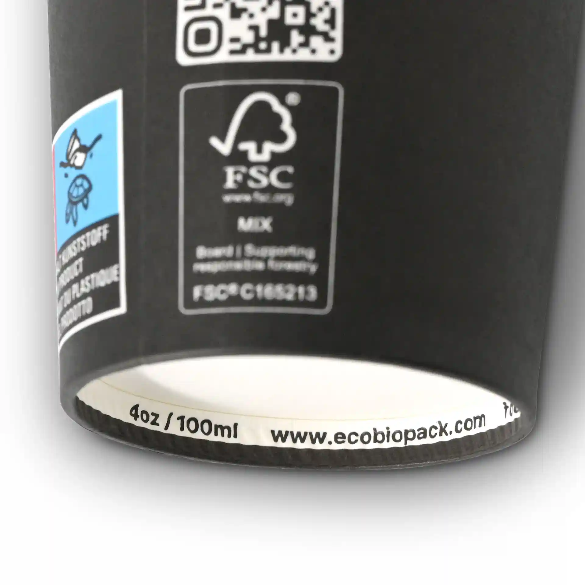 Black paper cup with a PLA coating, 100 ml capacity, featuring various labels and a QR code on the side.