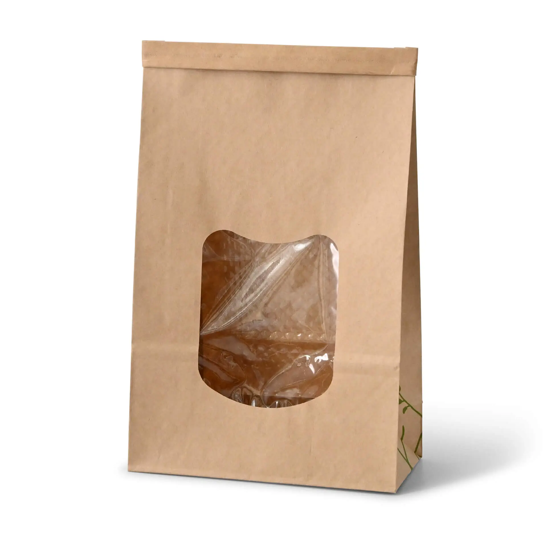 Block bottom bags with window L, 15.5 x 7 x  24.2 cm, PLA-foil, brown, tin tie, kraft paper