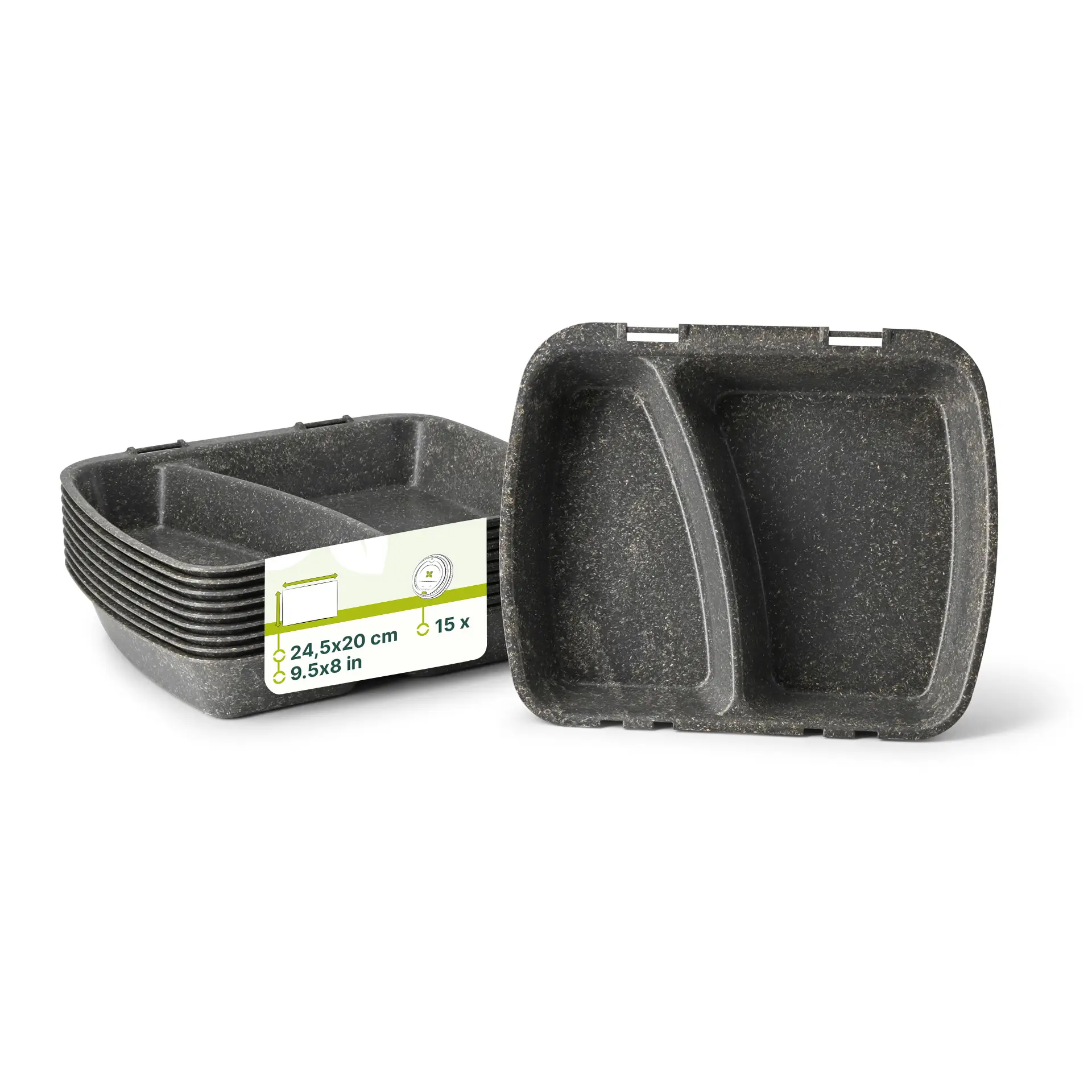 Reusable meal container "merways Box" 24.5 x 20 x 4.5 cm, 2 compartments, HP4/2, pepper / grey Reusable meal container "merways Box" 24.5 x 20 x 4.5 cm, 2 compartments, HP4/2, pepper / grey