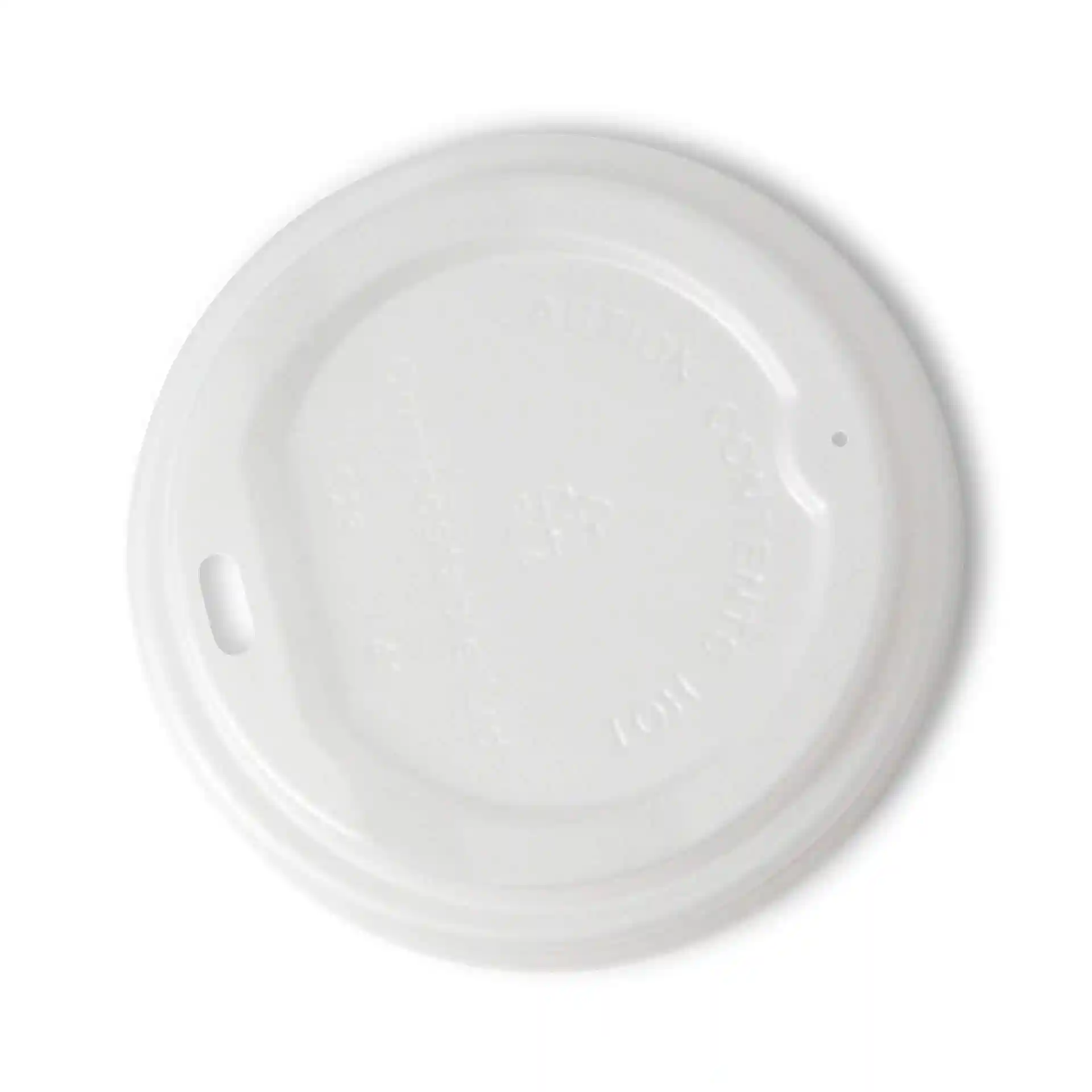 White CPLA lid with a drinking hole, measuring 90 mm in diameter and 18 mm in height.