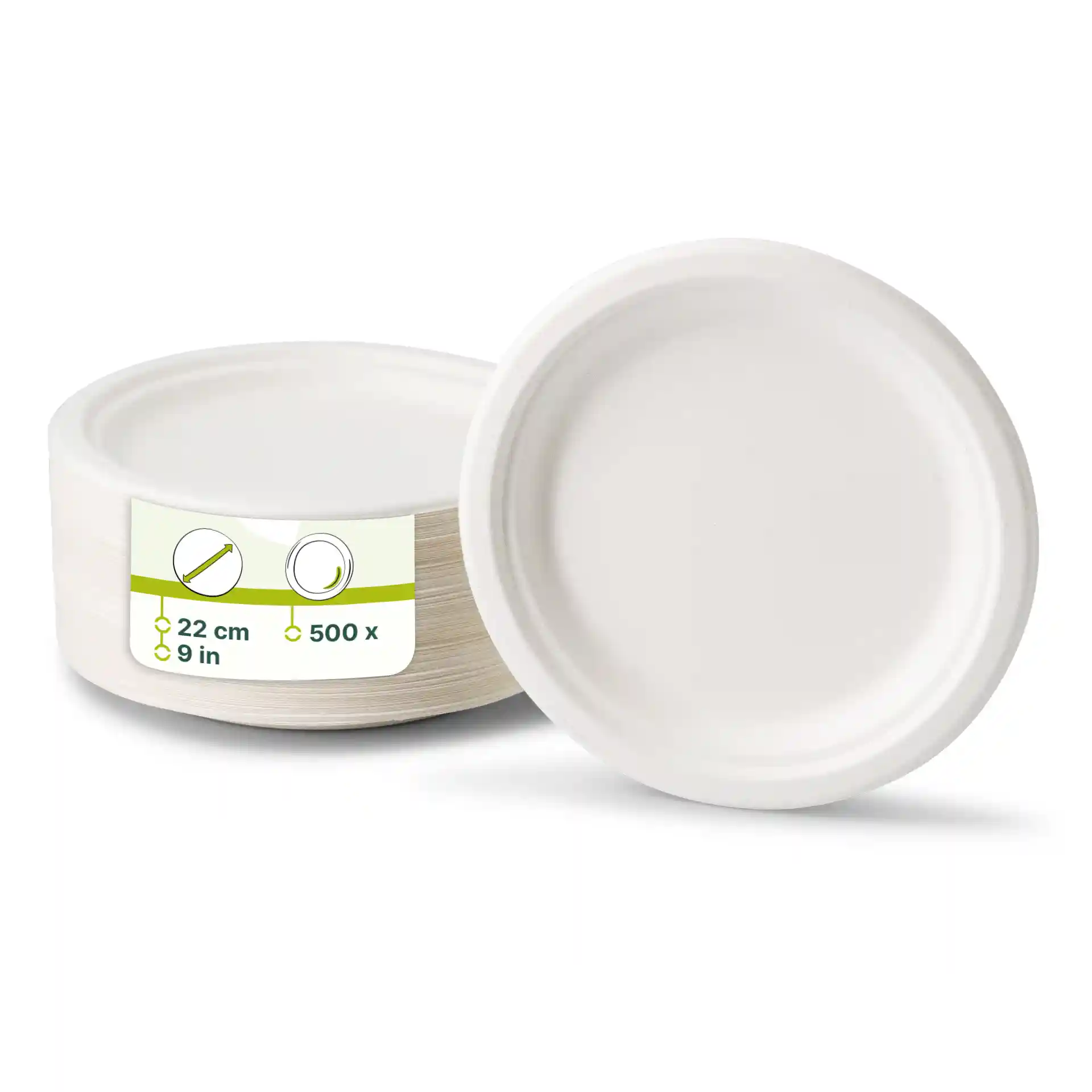 Round white sugarcane plates, 22 cm in diameter, stacked with a label showing dimensions and quantity.