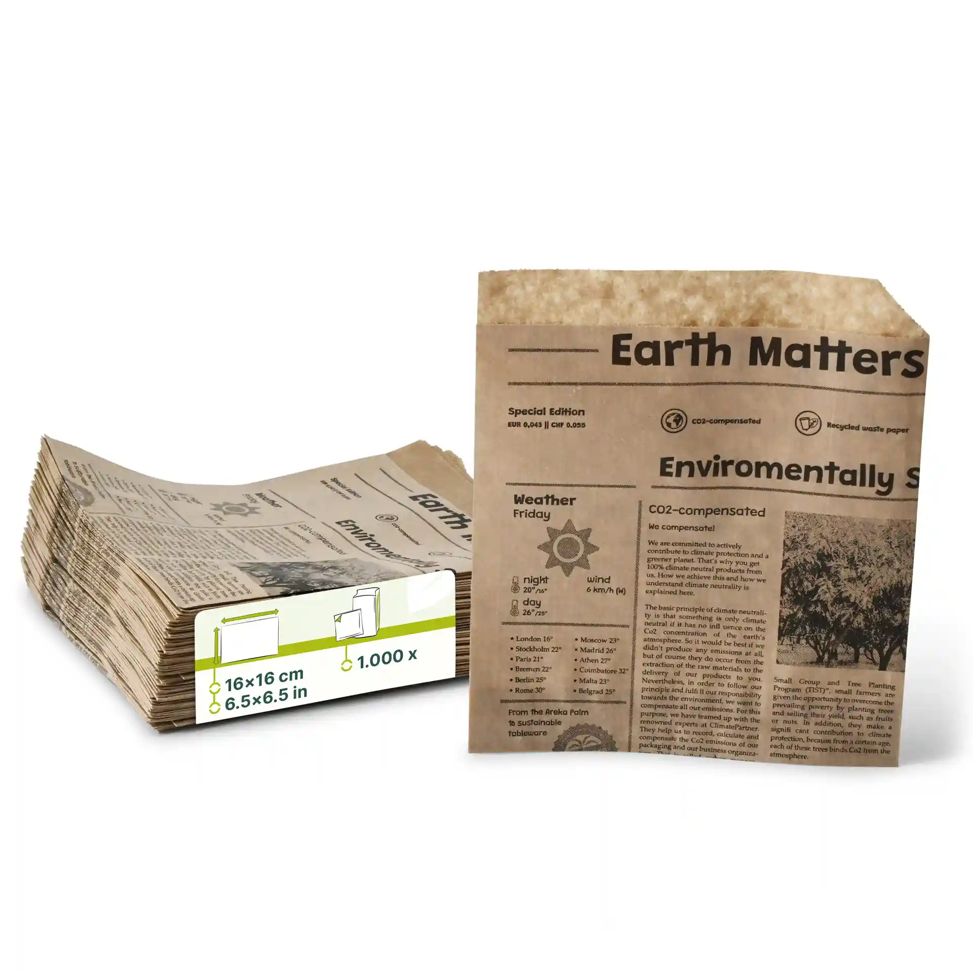 Stack of paper burger bags with a newspaper look, measuring 16 x 16 cm, in a kraft color.