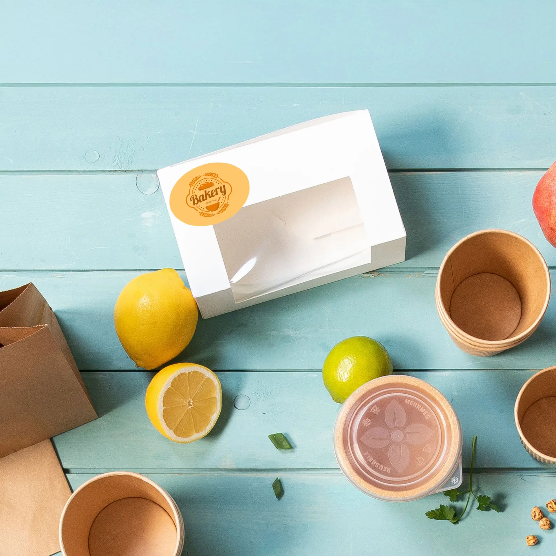 White bakery box with an open front, surrounded by lemons, limes, a red apple, brown paper cups, and a plastic container.