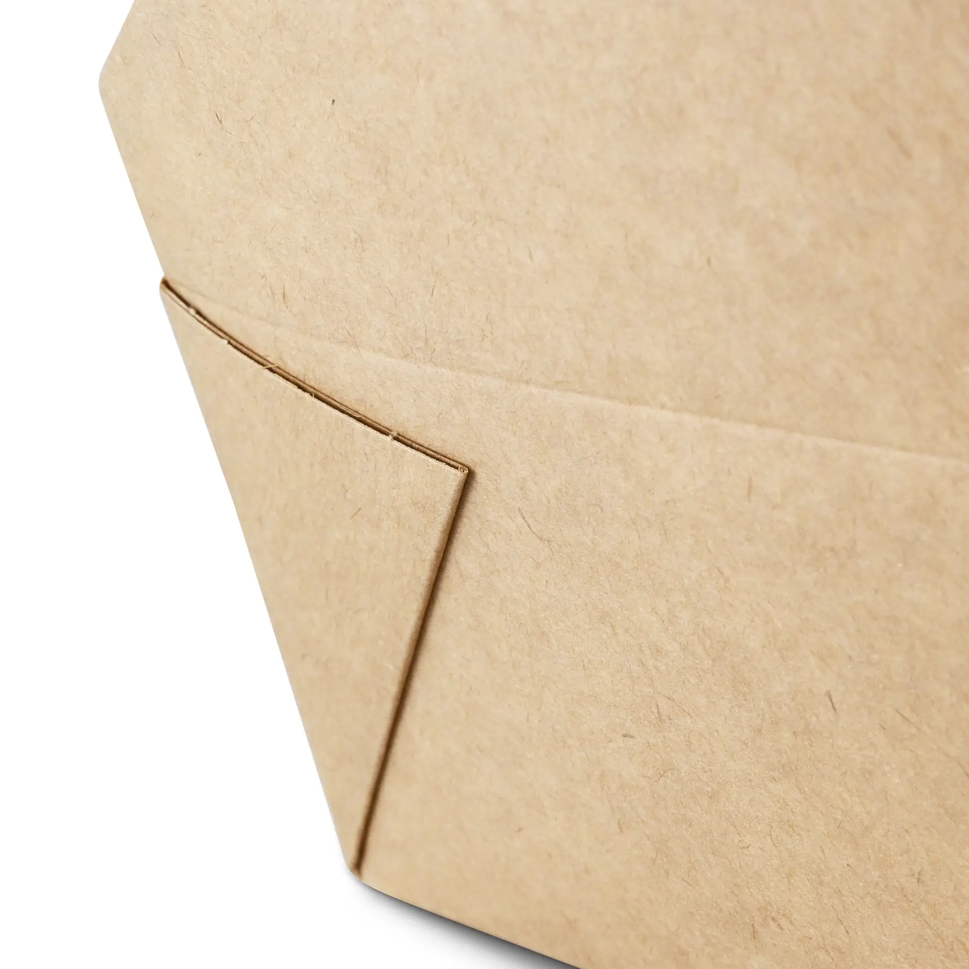 Brown cardboard take-away box, 1200 ml, with a foldable lid and PE coating, focusing on corner detail.