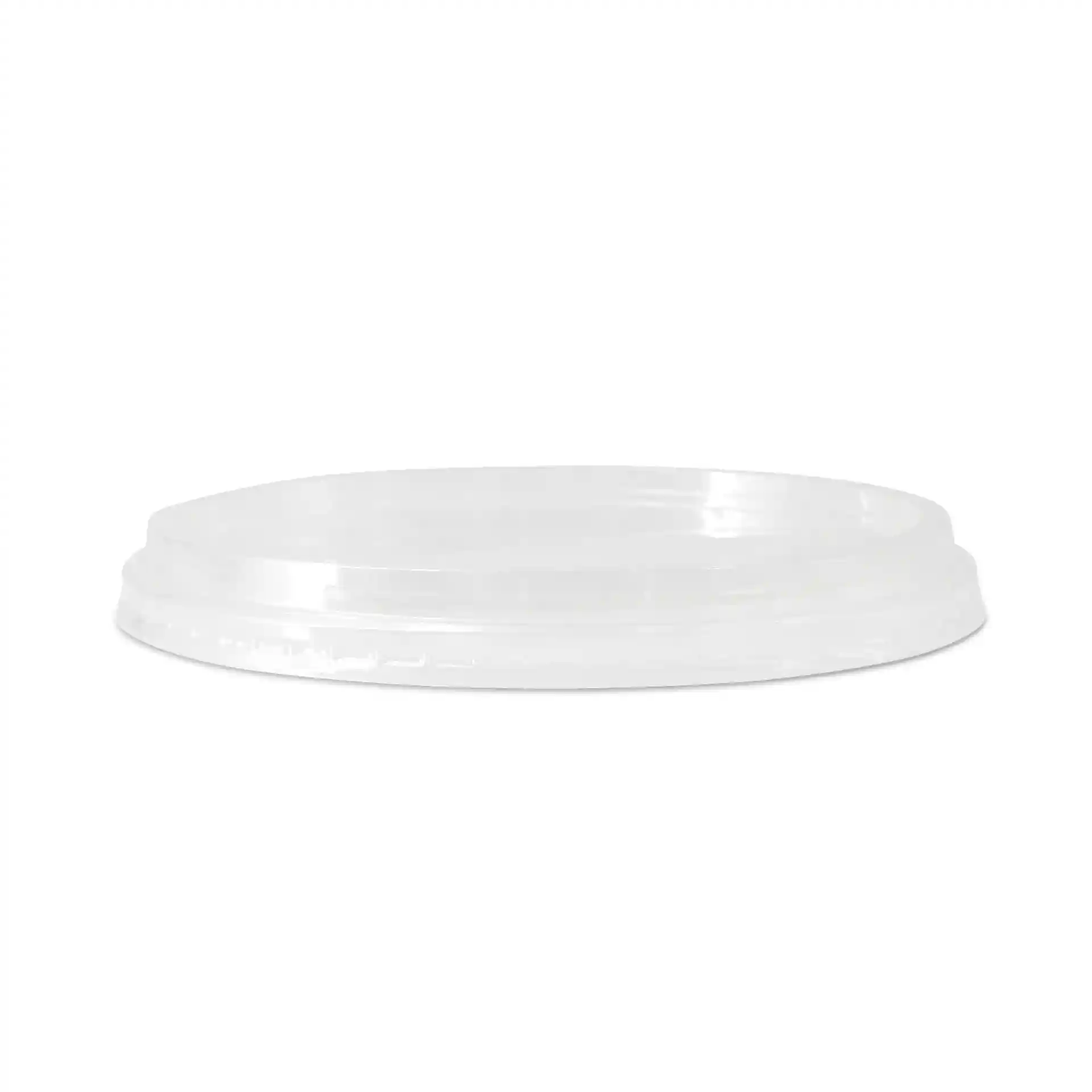 Transparent round lid for deli cups, measuring 143 mm in diameter and 16 mm in height.