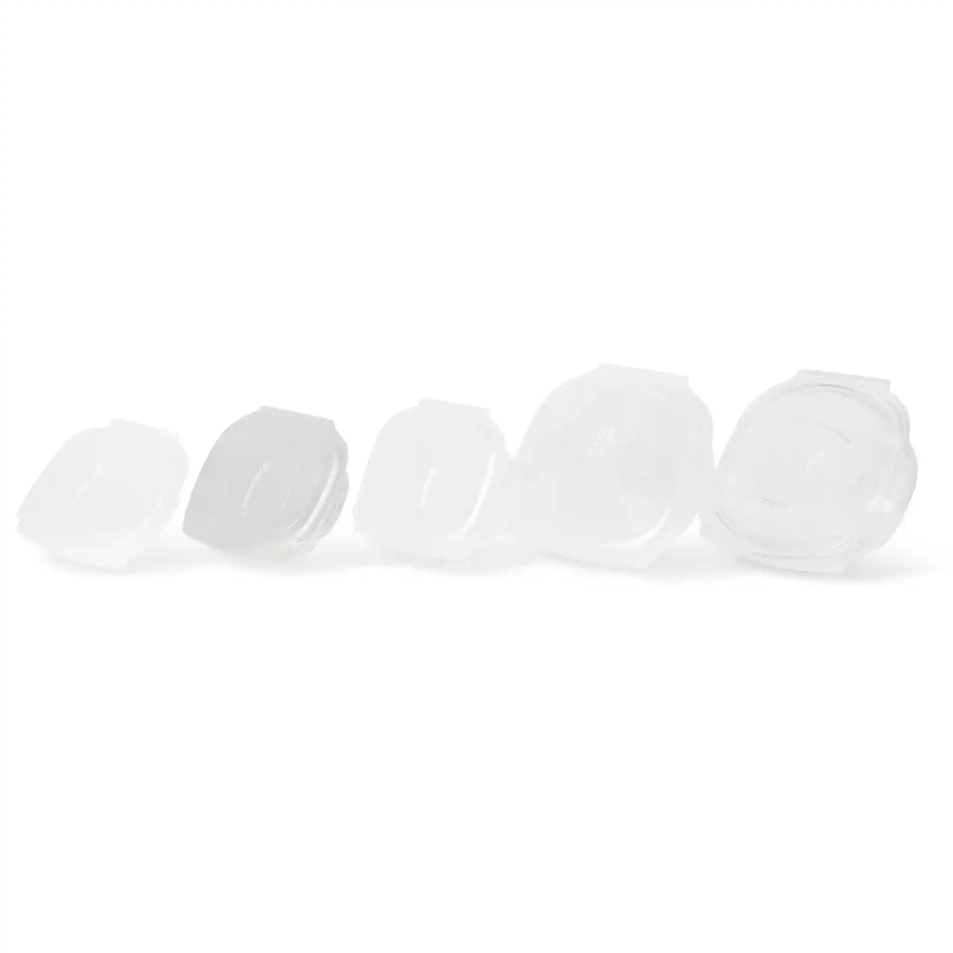 Image of five transparent rectangular PLA deli bowls with folding lids, arranged in a row from smallest to largest.