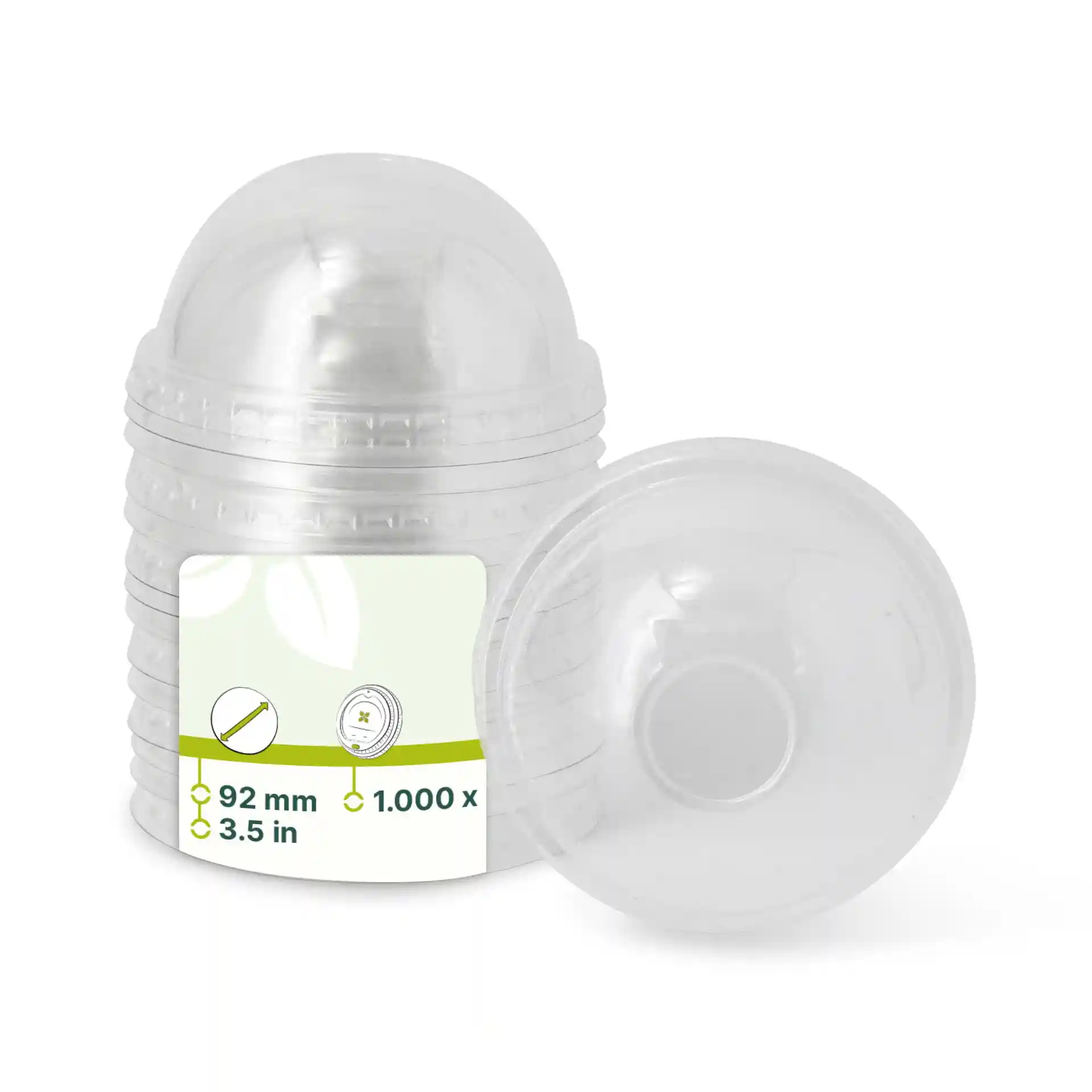 Clear rPET dome lids with a diameter of 92 mm, stacked with one lid beside the stack.