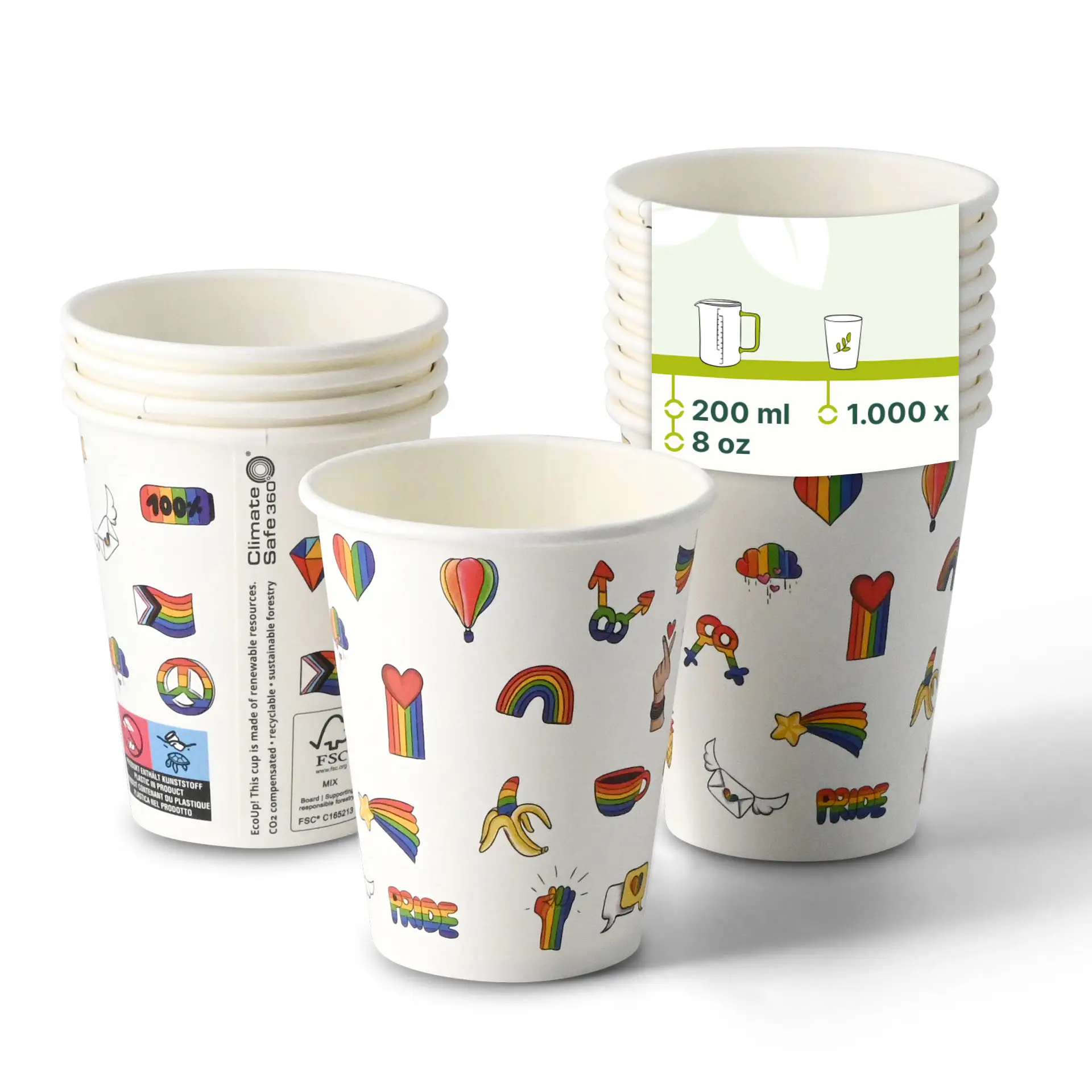 8 oz Paper cup printed with "Pride" (coated), Ø 80 mm, white con10034-01-0-pappbecher-bedruckt-pride-beschichtet-200-ml-8-oz-80-mm-weiss