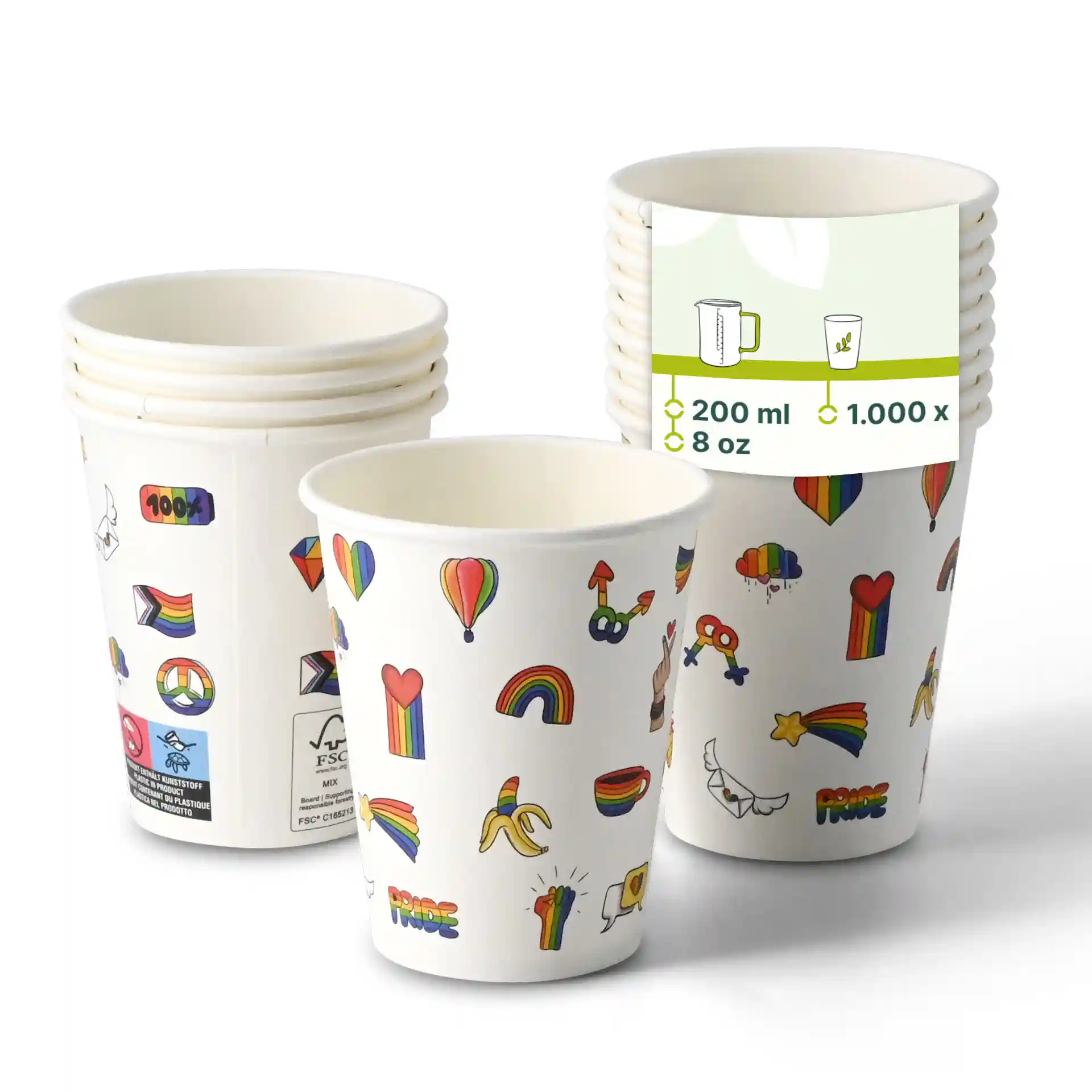 White paper cups with colorful printed designs, including rainbows and hearts, stacked together.