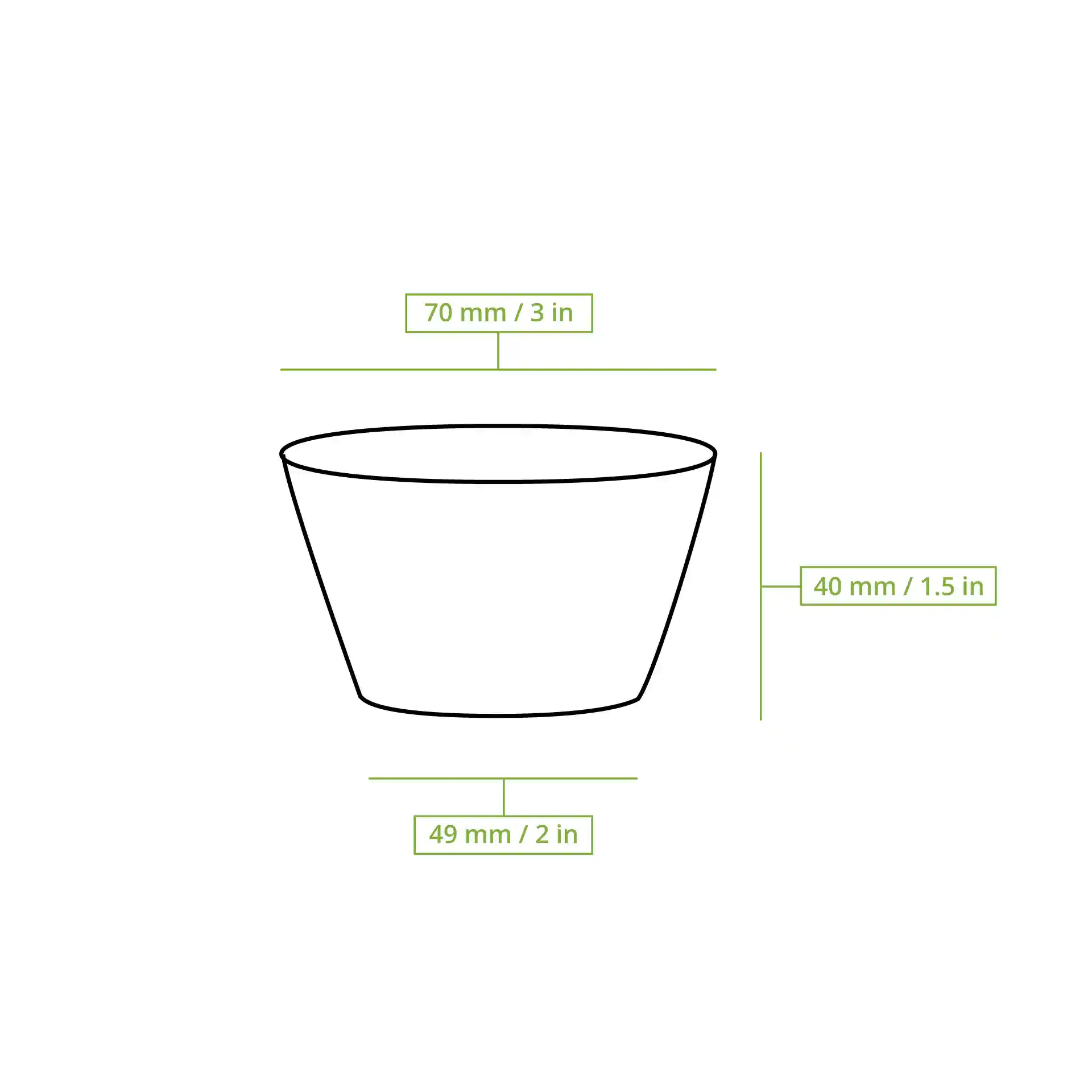Schematic drawing of a transparent cup with dimensions: diameter 70 mm, height 40 mm, and base diameter 49 mm.
