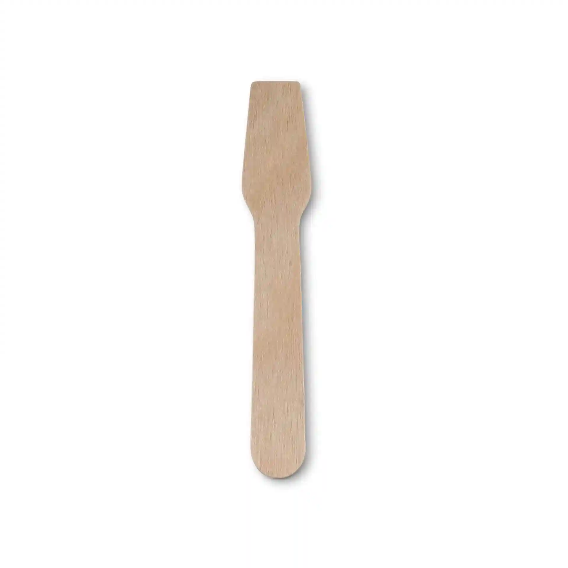 Wooden ice cream spoon, 9.6 cm long, brown color, made of wood, with a flat end and rounded handle.