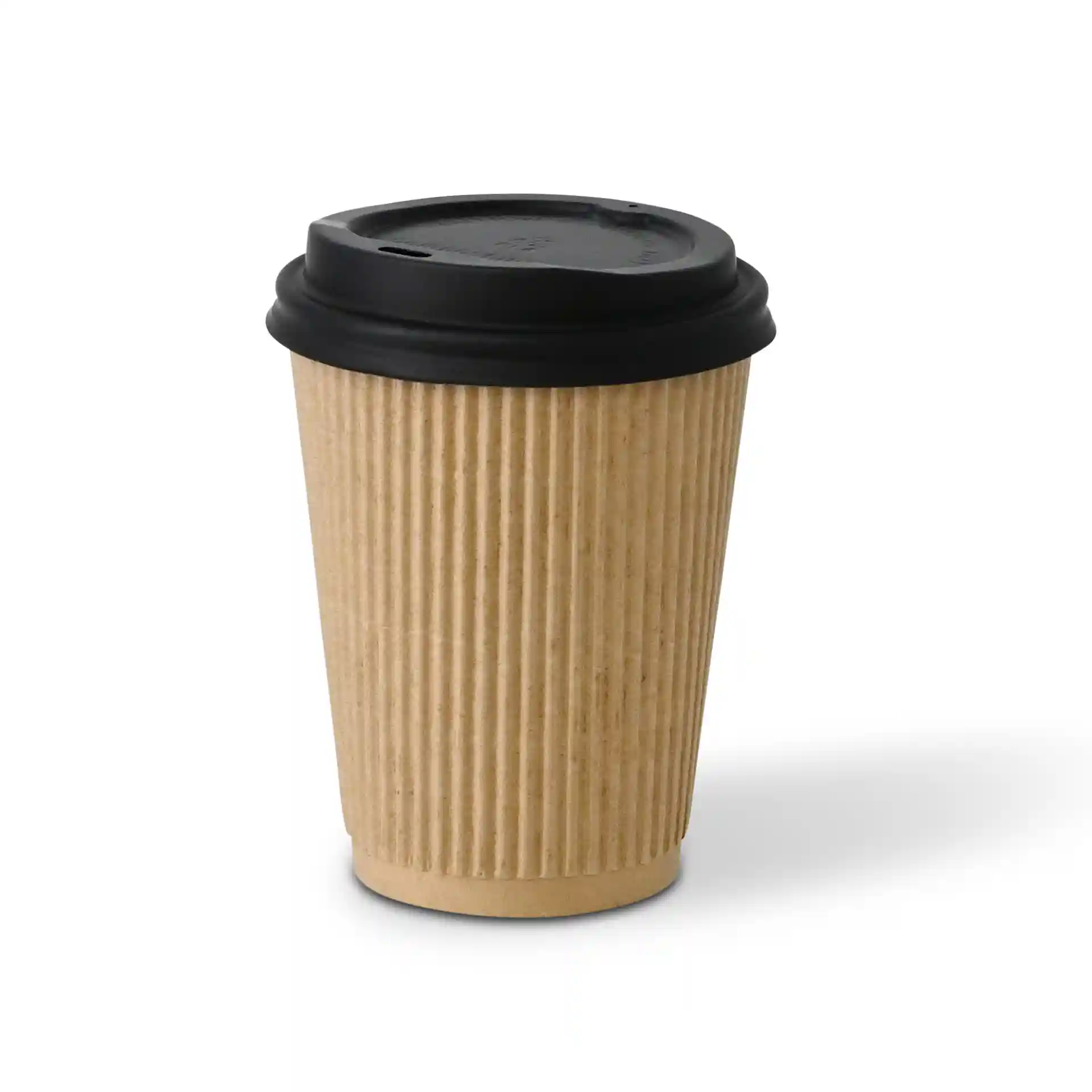 Brown ribbed coffee cup with a black lid, 12 oz capacity, measuring 112 mm in height and 90 mm in diameter.