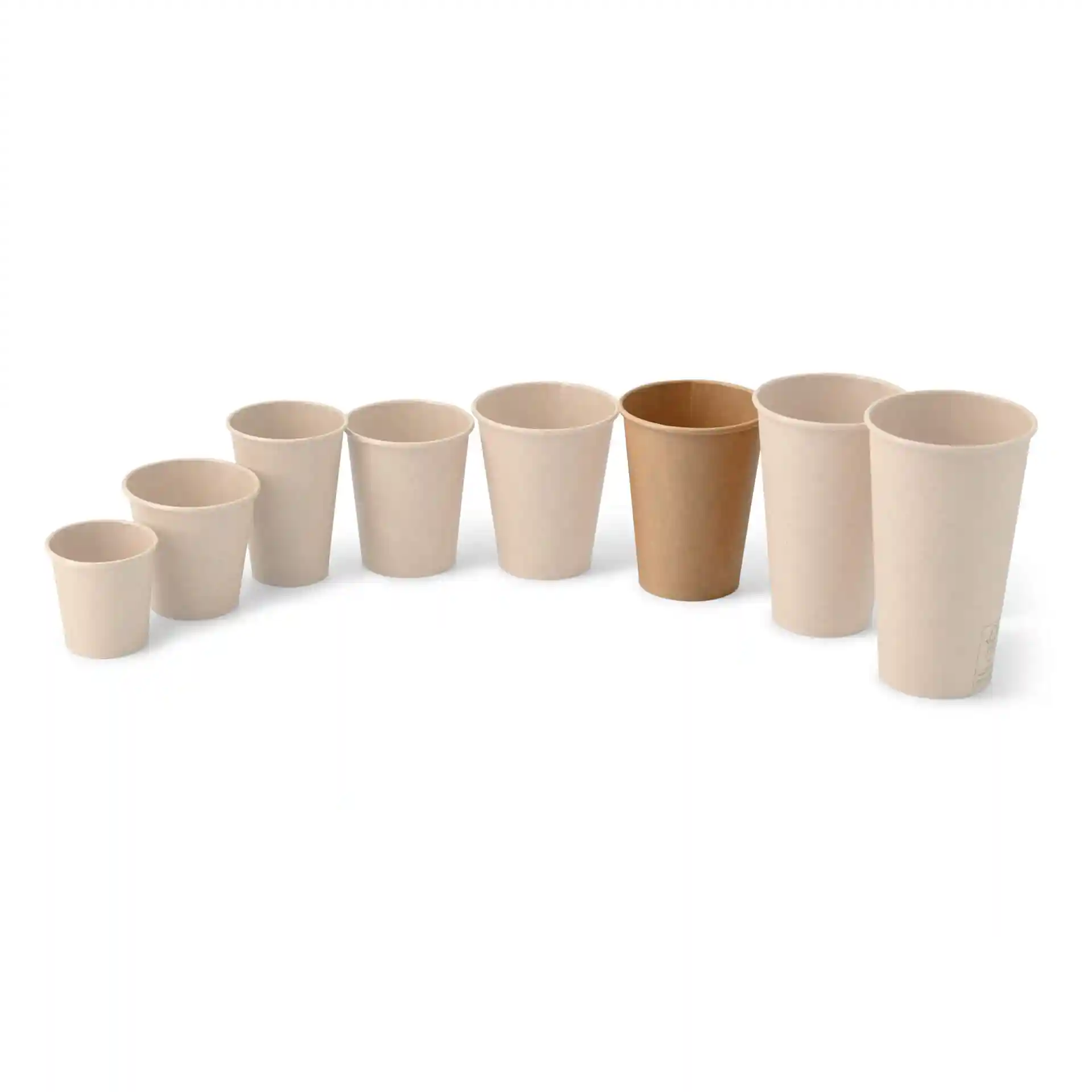 Set of eight paper cups in varying sizes, including one brown cup, arranged in a row on a white background.