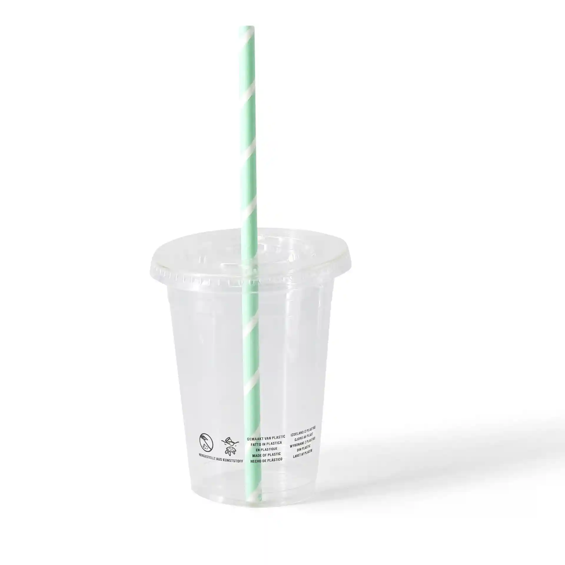 Clear PLA plastic cup with a green and white striped straw, 400 ml capacity, on a plain background.