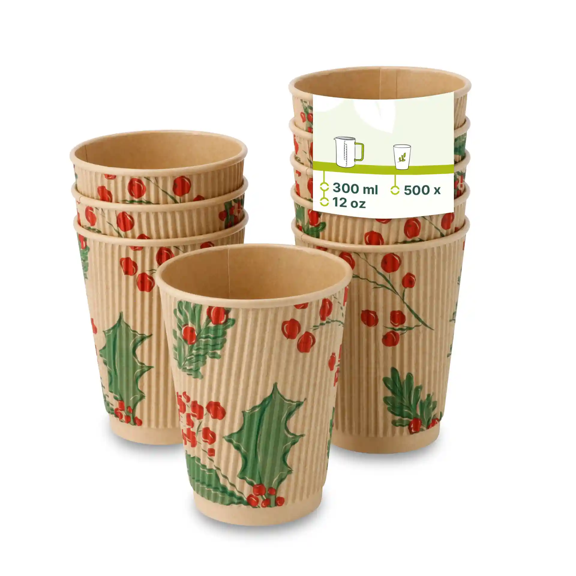 Stack of unbleached cardboard ripple cups with a winter design featuring red berries and green leaves, 12 oz capacity.