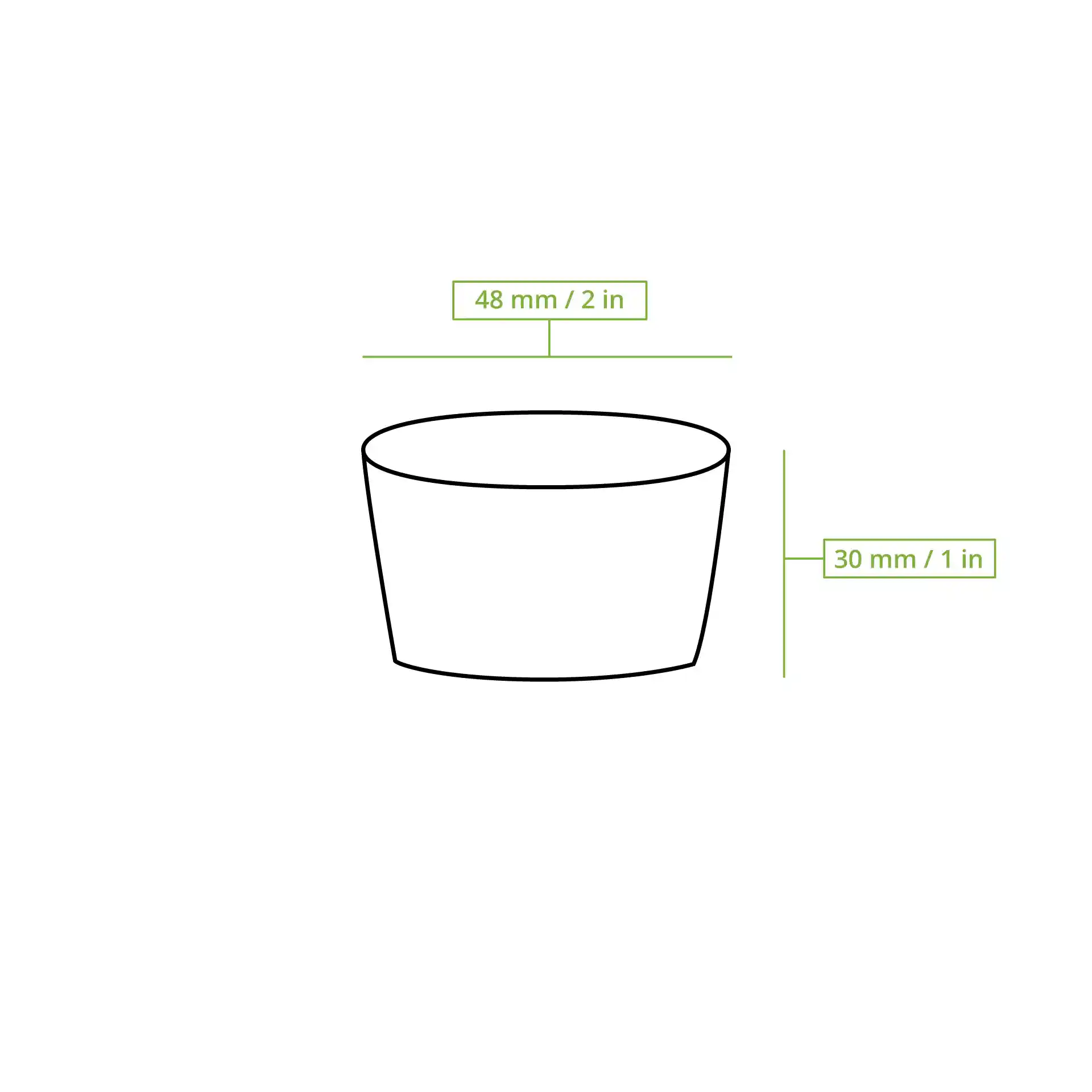 Schematic drawing of a paper cup with dimensions labeled: 48 mm diameter and 30 mm height.