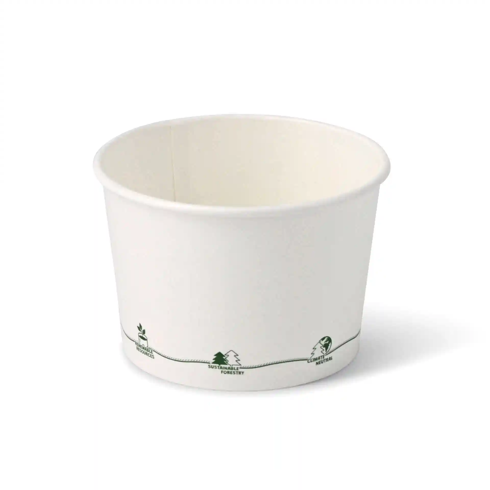 Round cardboard soup container with printed eco-icons, 16 oz capacity, 115 mm diameter at the top.