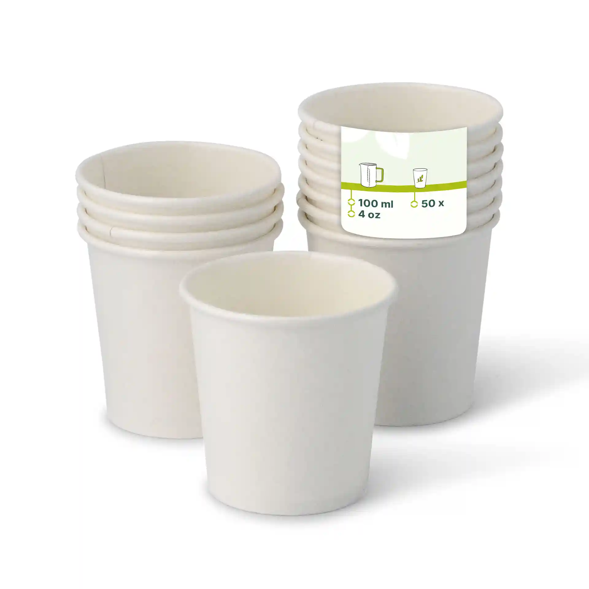 Stack of white 4 oz paper cups with a label showing 100 ml capacity and 50 count, one cup in front.