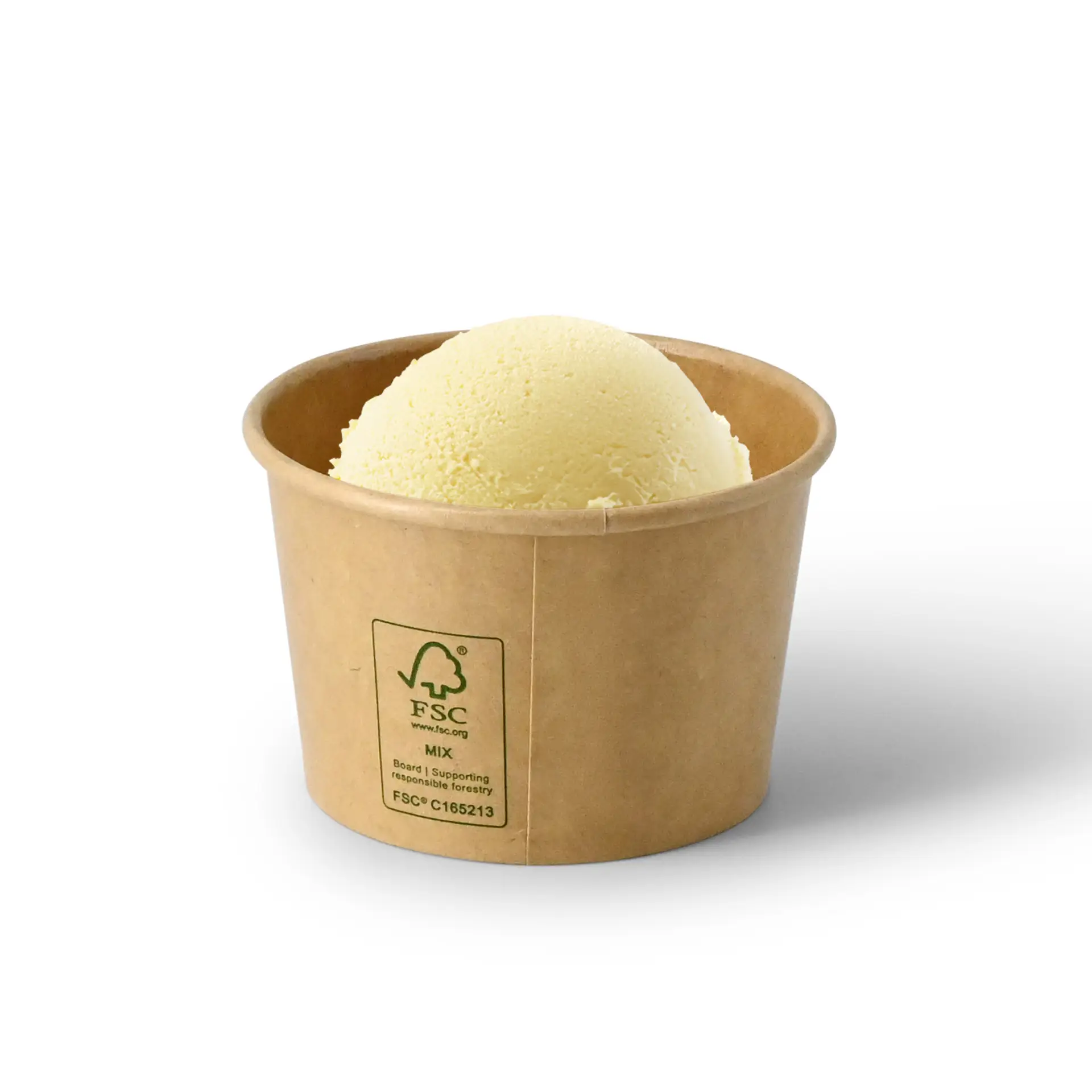 One brown paper cup with a tapered shape; features an FSC logo and Climate Safe 360 logo near the base.