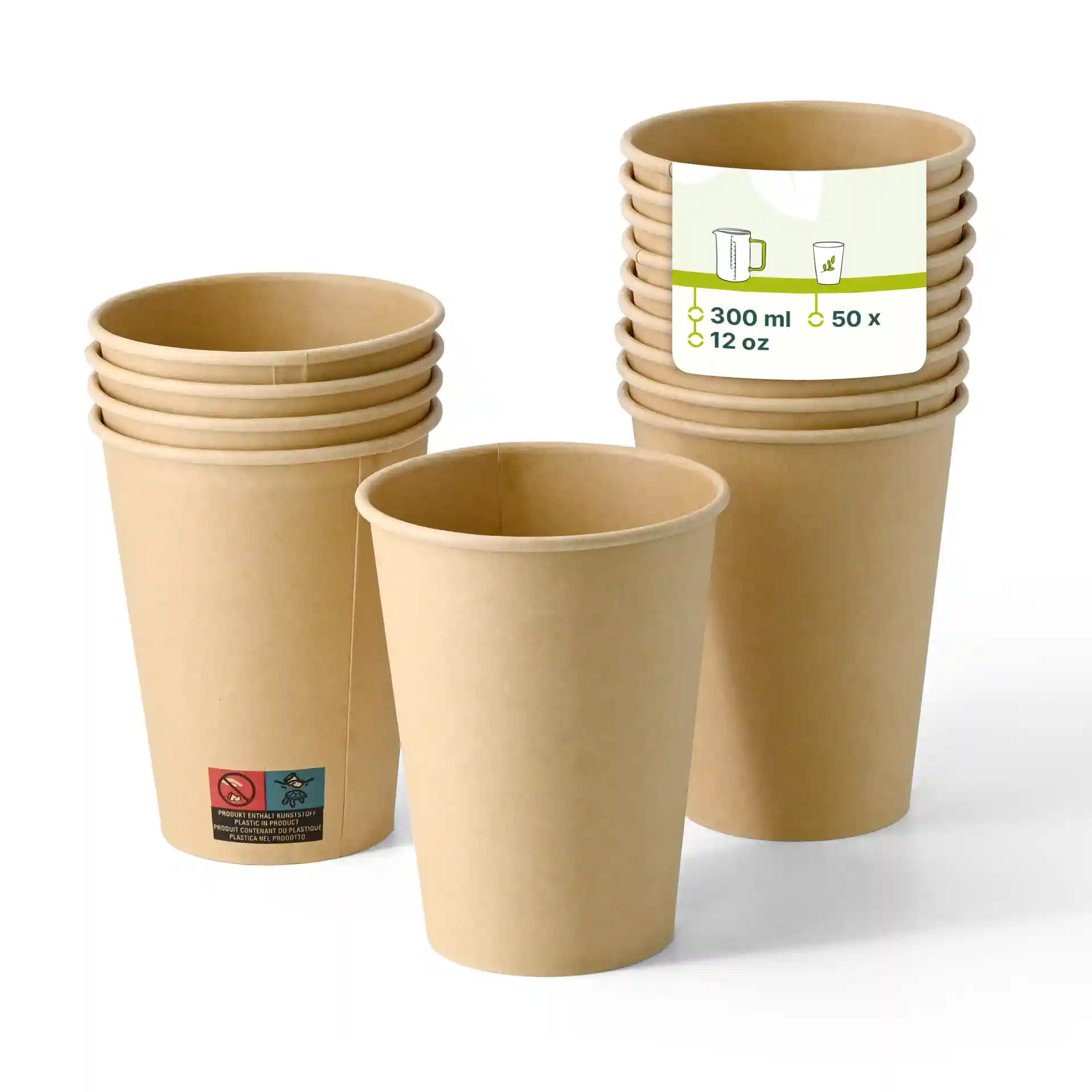 Brown single wall paper cups stacked, with one cup in front, showing a label with capacity and quantity details.