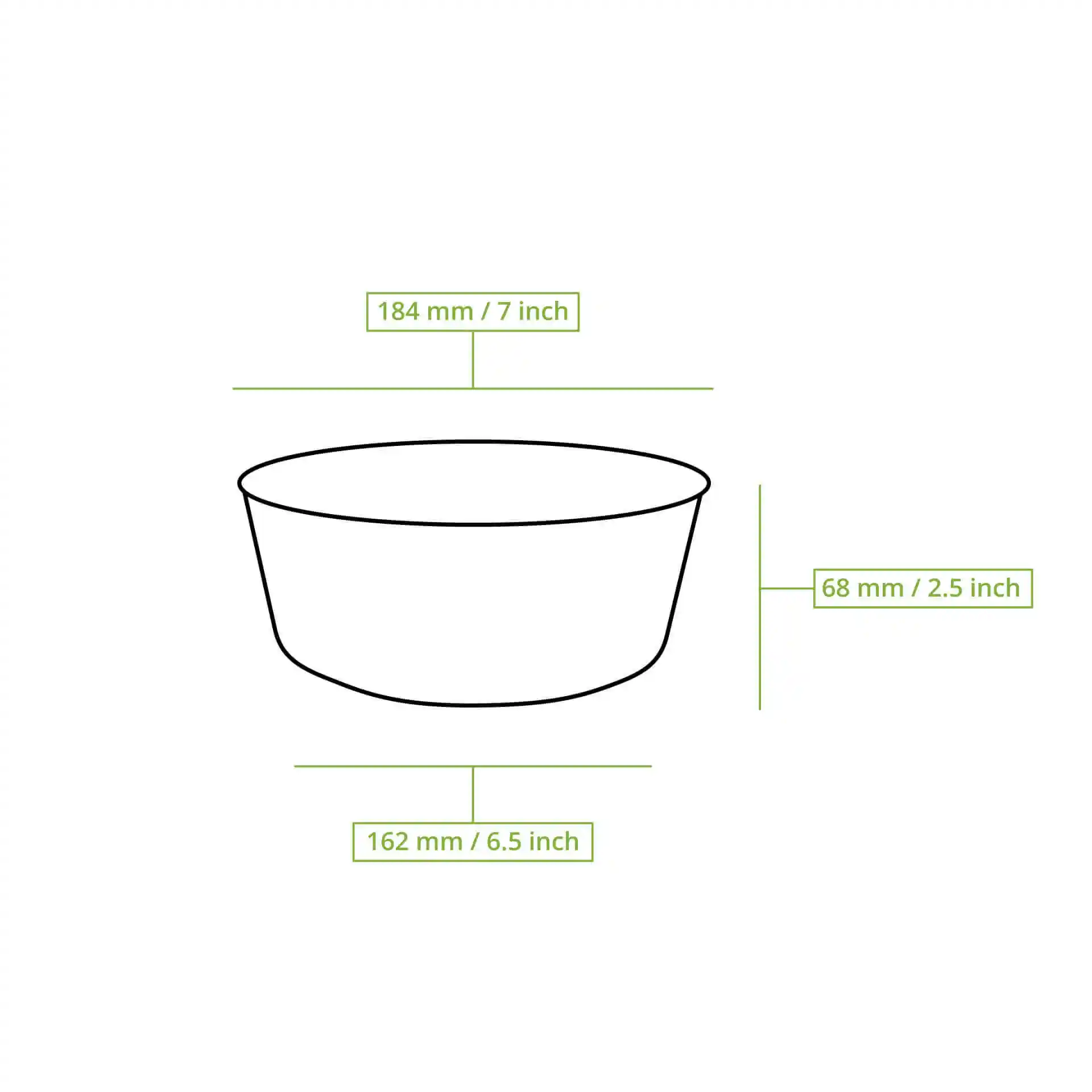 Schematic drawing of a round bowl with dimensions: 184 mm diameter, 68 mm height, and 162 mm bottom diameter.