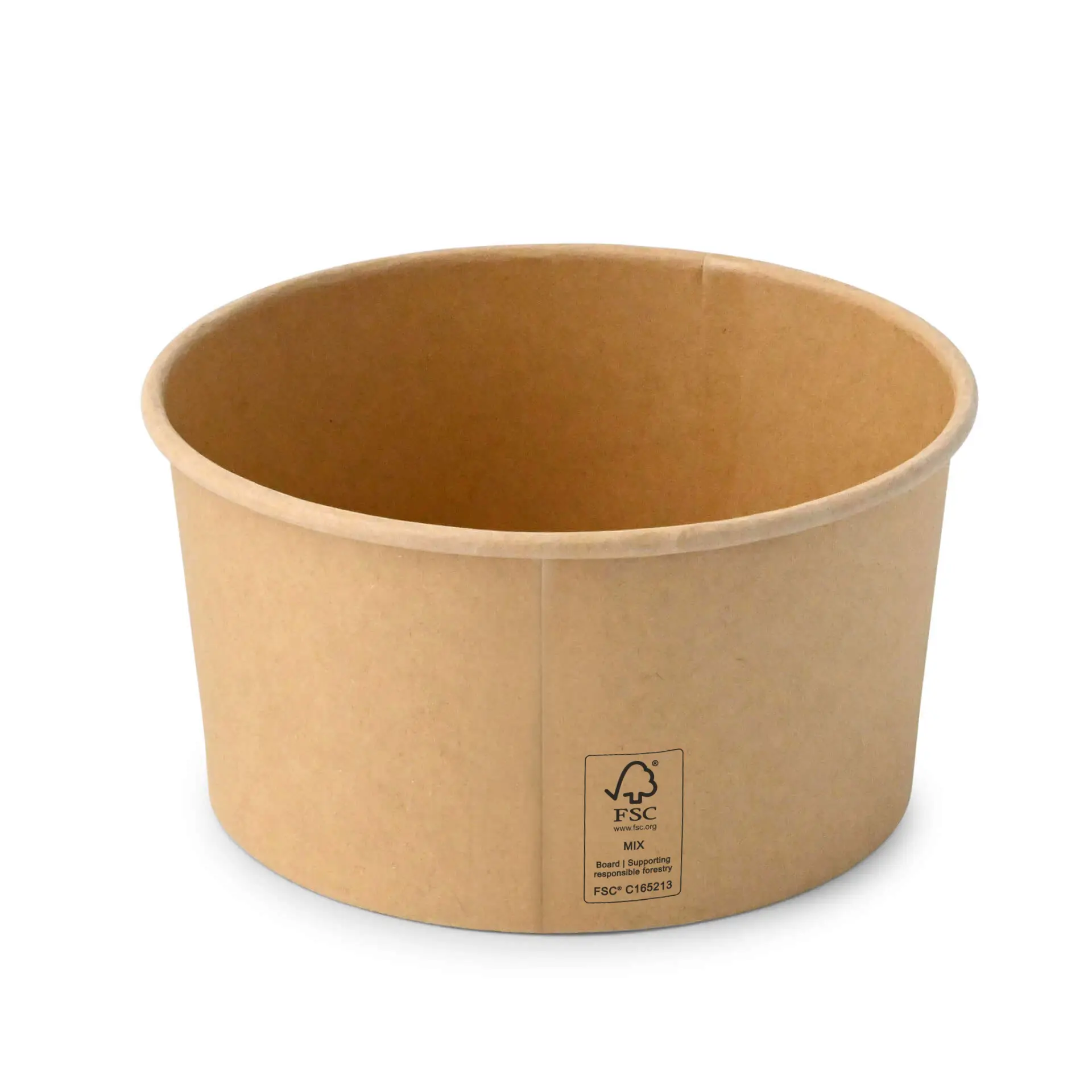 Brown paper salad bowl, 800 ml; round shape with PE coating; suitable for hot and cold dishes. FSC logo on the side.