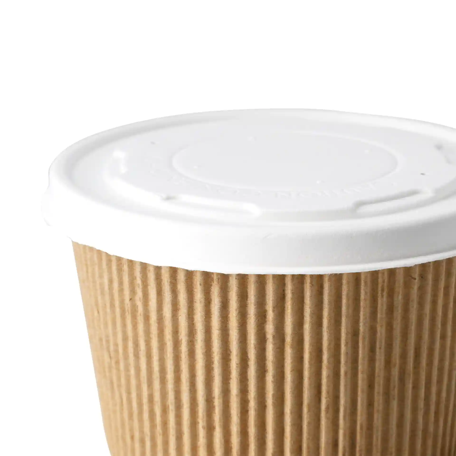 Close-up of a flat white cardboard lid on a ribbed brown paper cup.