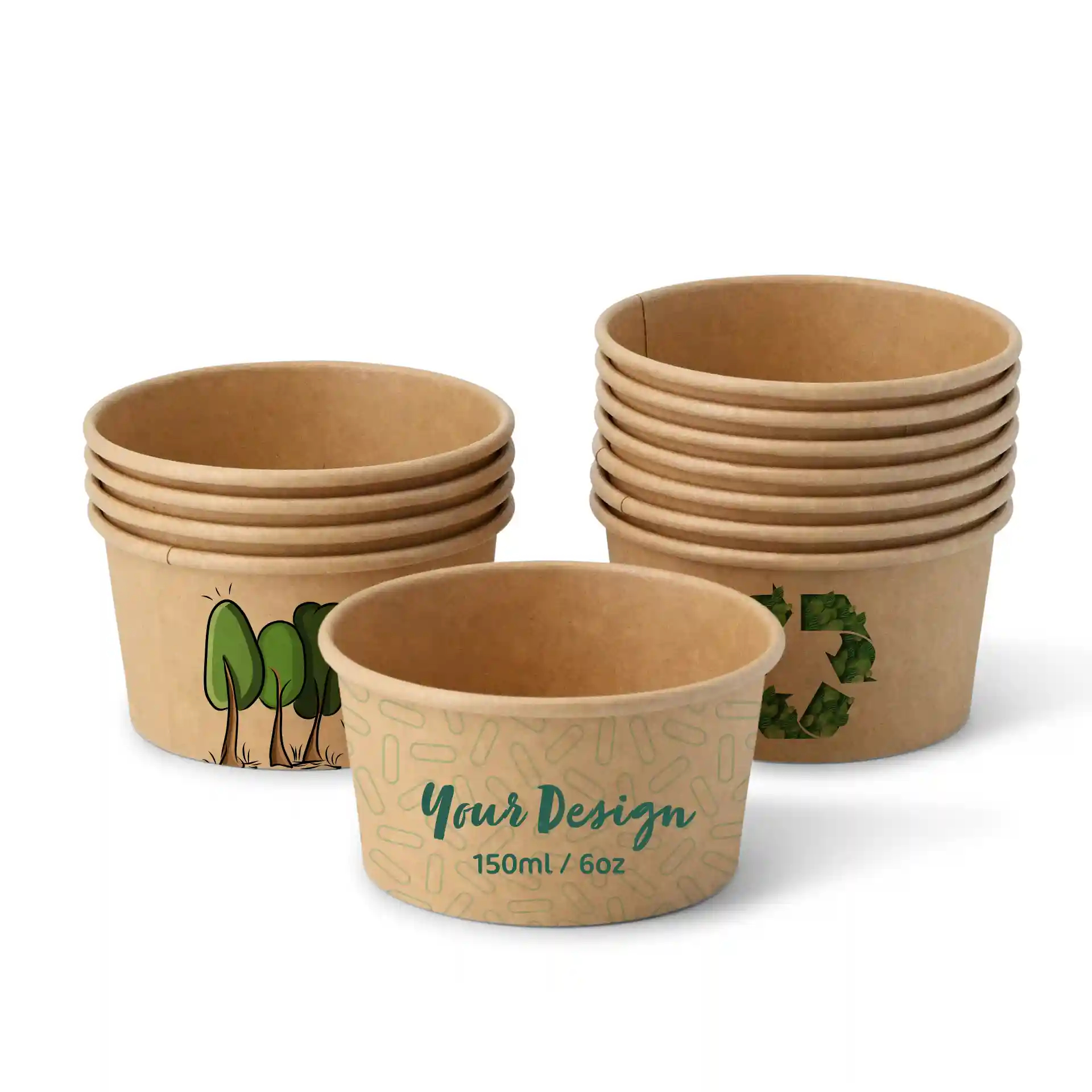 Brown cardboard ice cream cups stacked, featuring a design with trees and a recycling symbol on one cup.