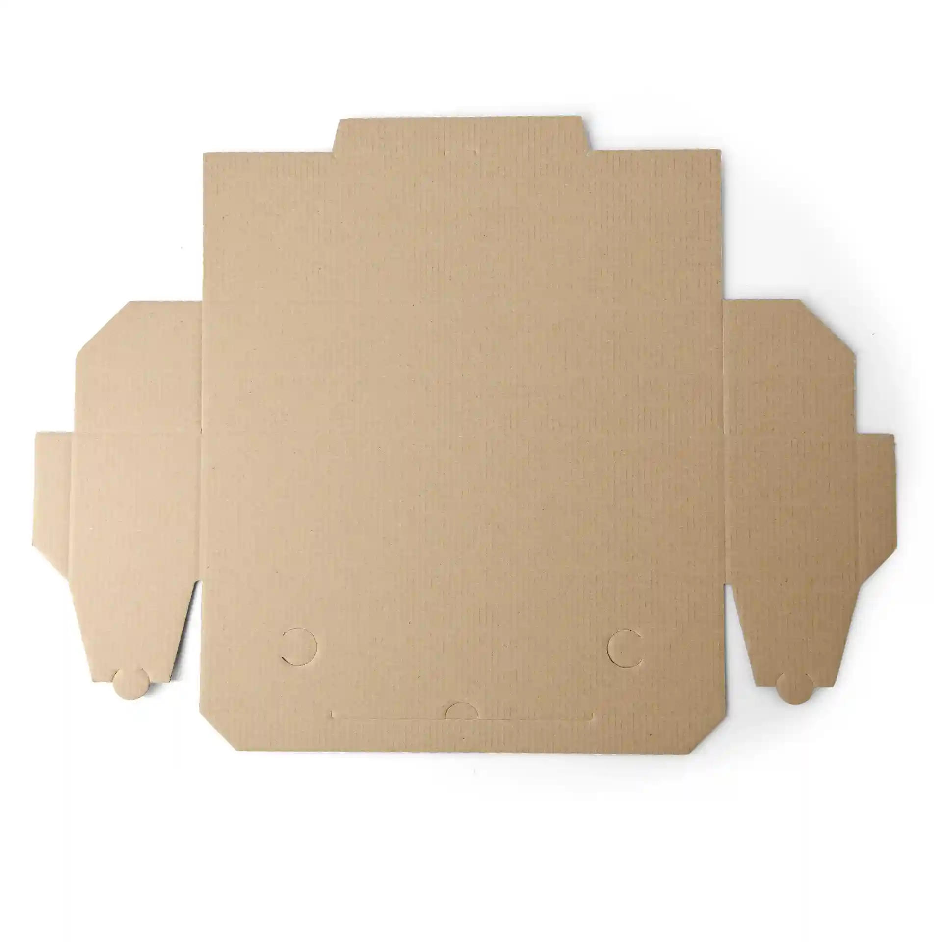 Brown pizza box with a flat design, measuring 7 x 8 x 28 cm, shown from above.
