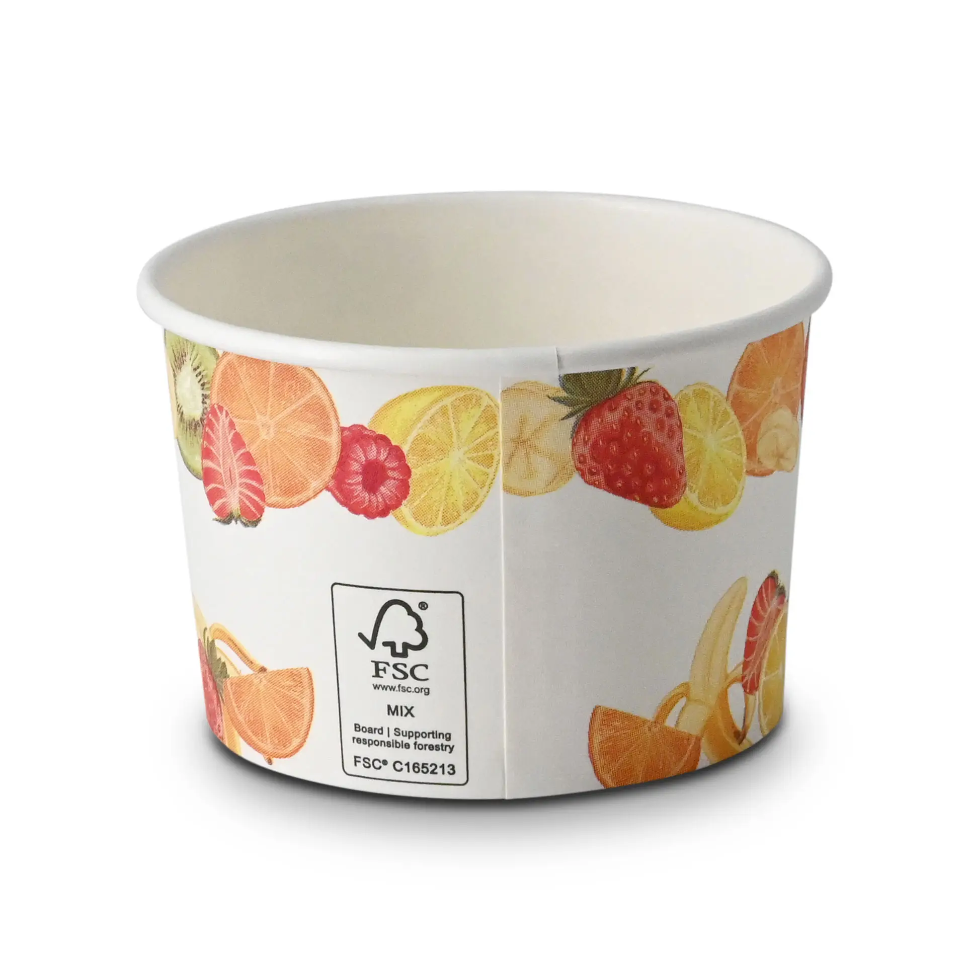 One paper ice cream cup printed with fruit designs; features an FSC certified logo and Climate Safe 360 branding.