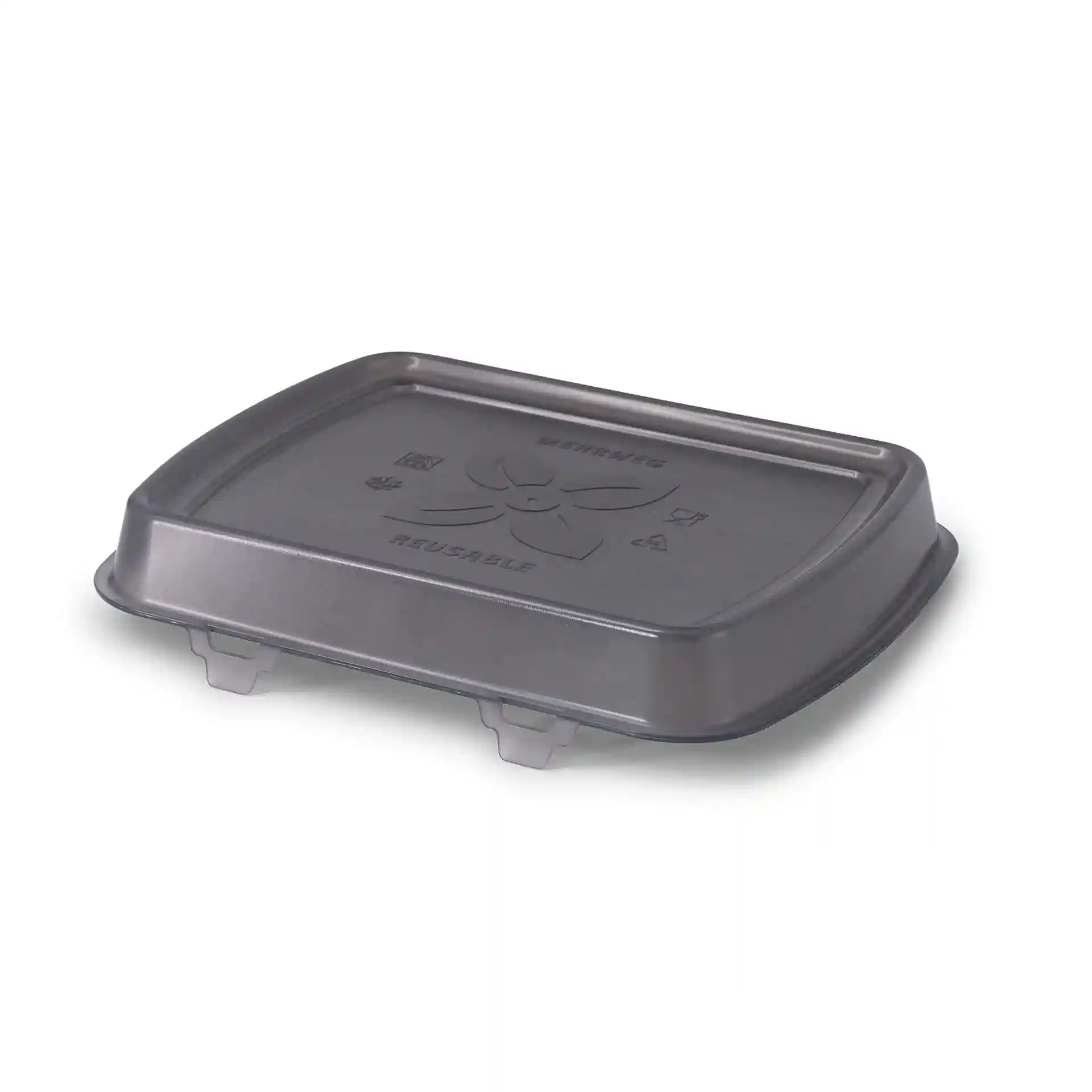 Grey rectangular reusable lid made of PP, measuring 24.5 x 20 x 4.5 cm, with markings on the surface.