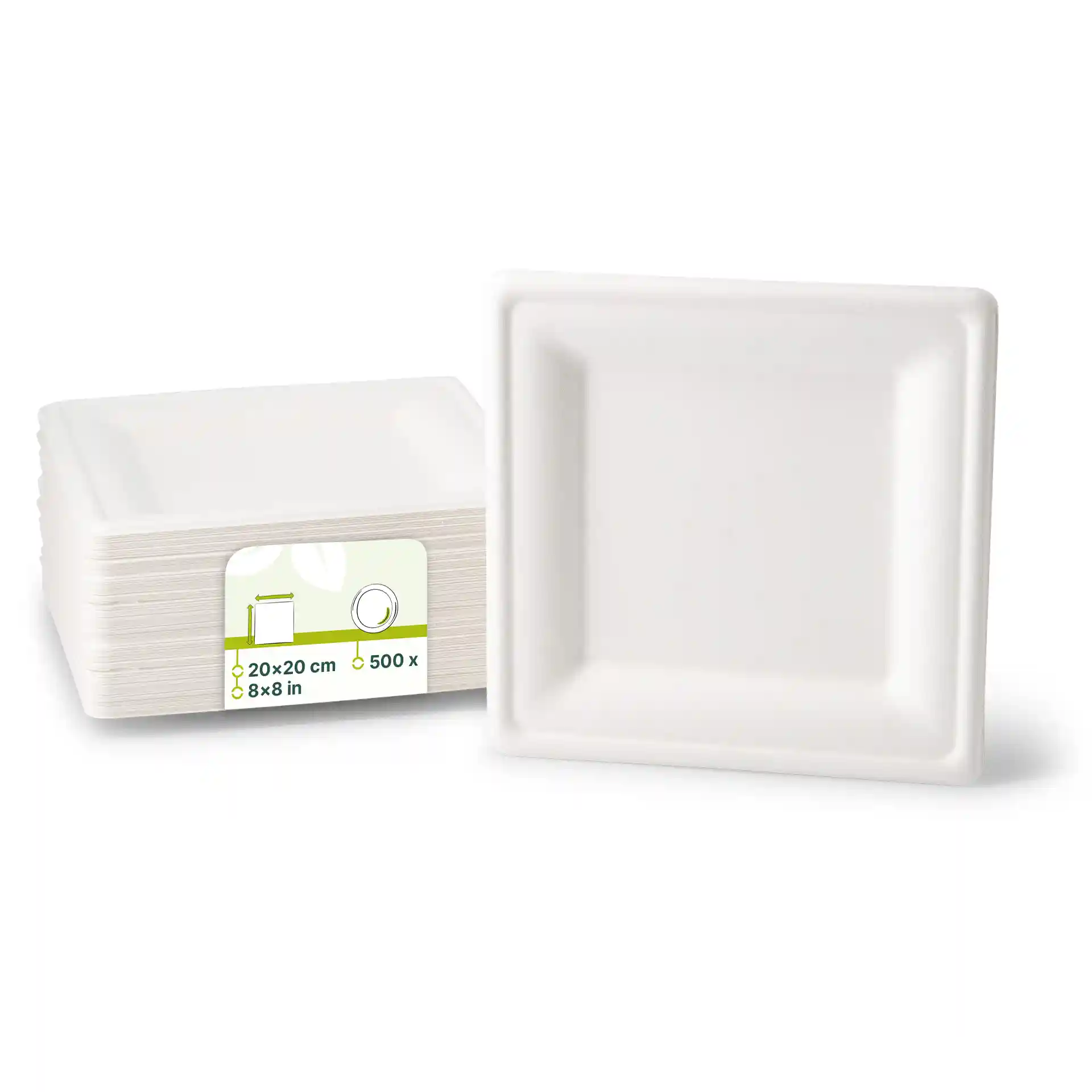 Square white sugarcane plates, measuring 20 x 20 cm, stacked with a visible label on the side.