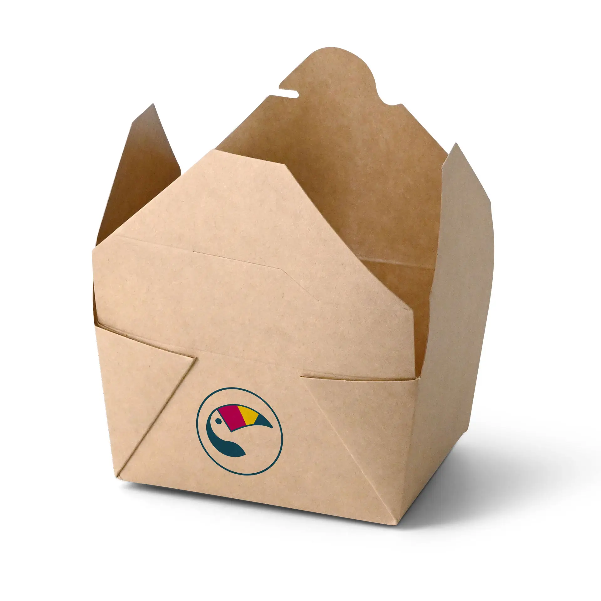 Custom printed takeaway box in natural cardboard with a logo design; perfect for hot food and sauces.