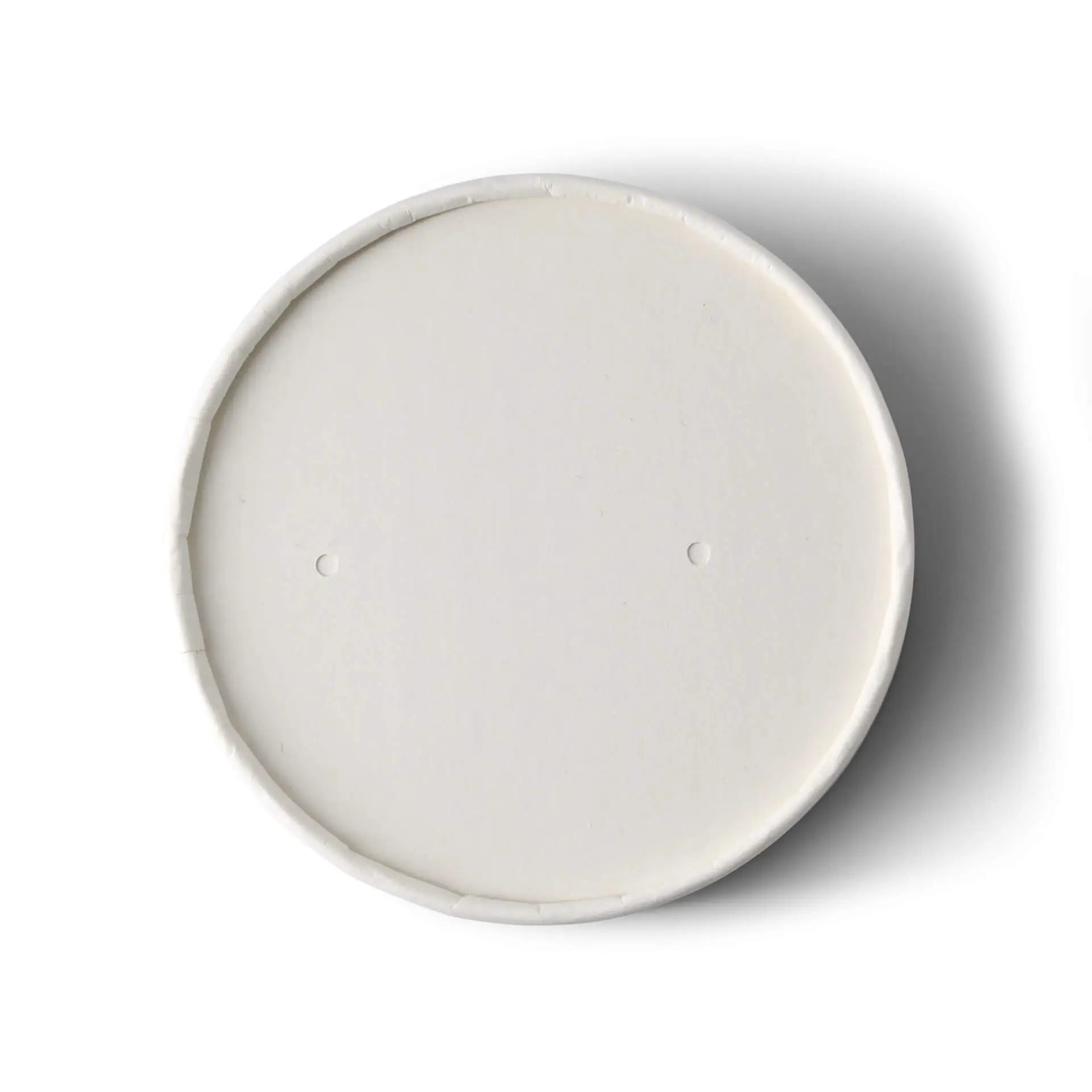 White cardboard lid with a diameter of 100 mm and two small holes on the surface.