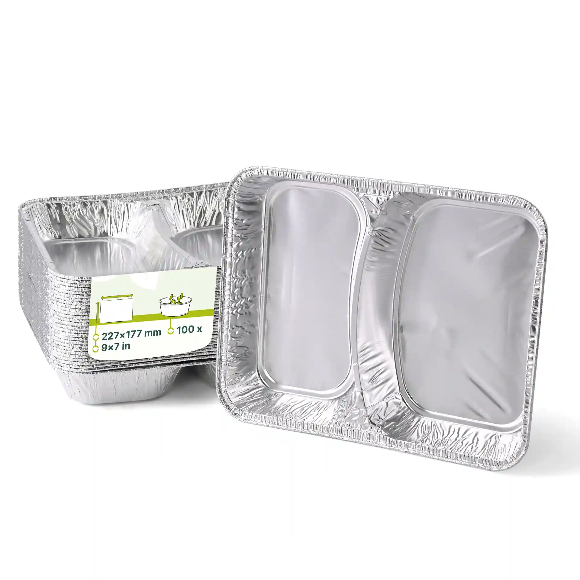 Aluminium meal trays with two compartments, measuring 227 x 177 mm, shown with a label and packaging.