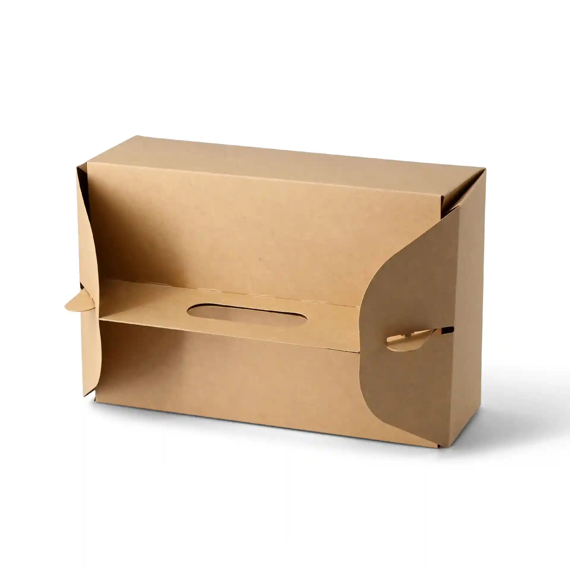 Brown rectangular cardboard pastry box with a handle, measuring 26 x 17 x 9 cm, foldable design.
