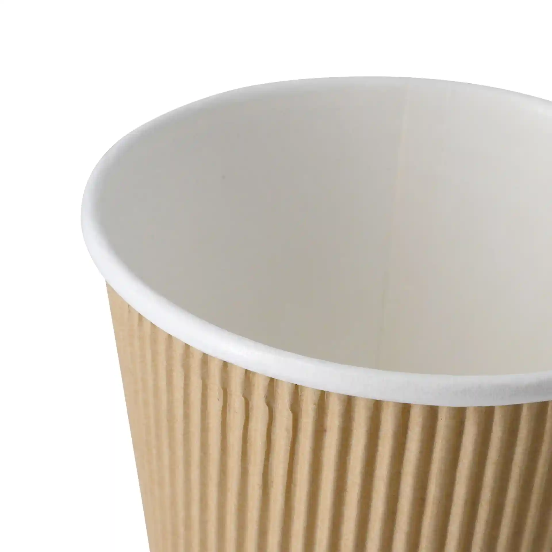 Brown ribbed cardboard soup cup with a white interior, showing the top edge and inner surface.